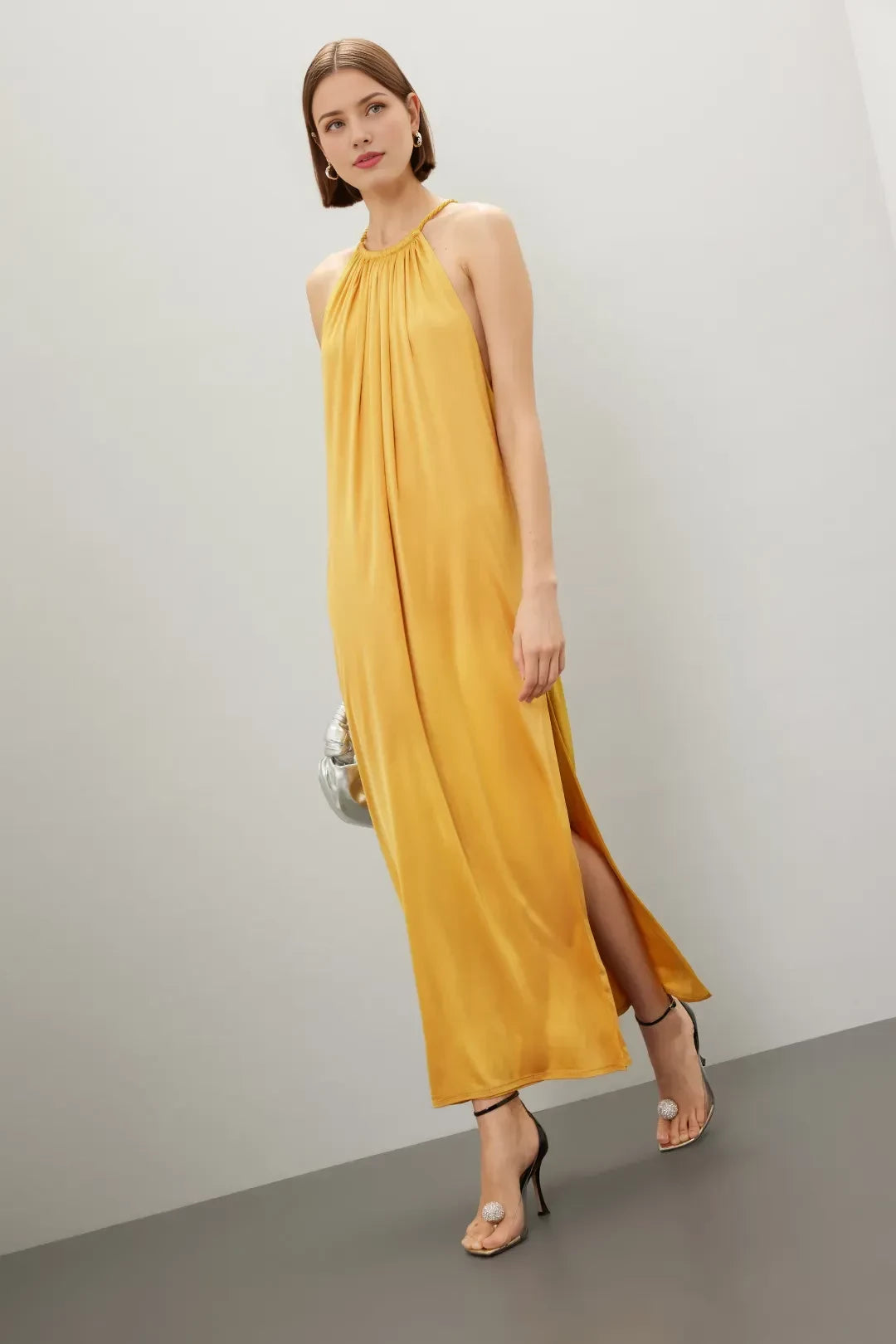 Bohemian A Line Halter Neck Sleeveless Draped Back Floor Length Plus Size Prom Dress