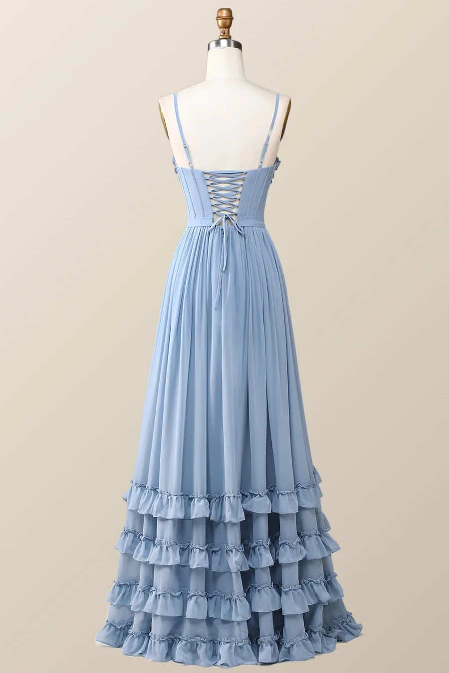 Boho Style Dusty Blue V-neck Ruffles Sleeveless Long Prom Dress Party Dress Cocktail Dress Homecoming Dress Evening Dress