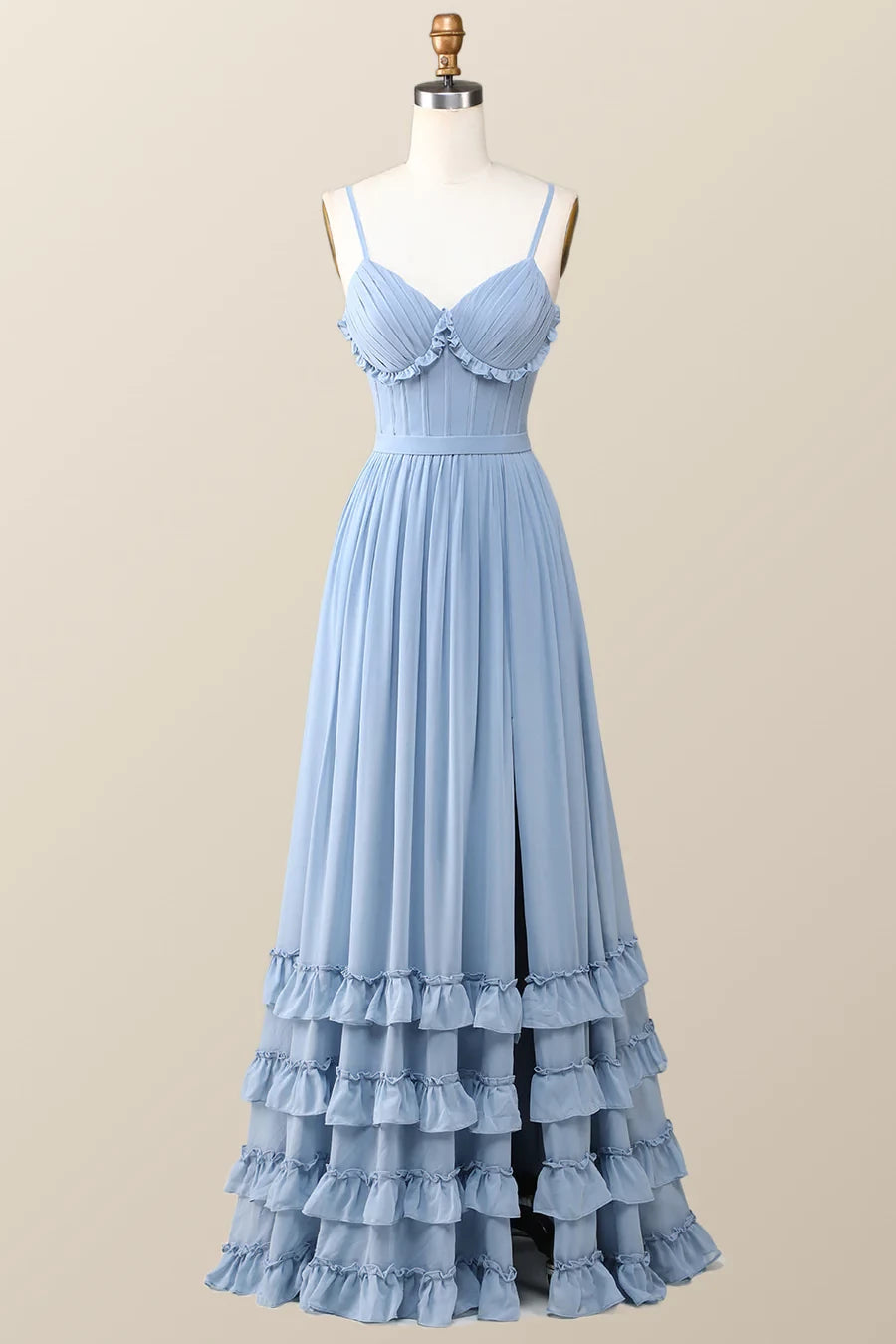 Boho Style Dusty Blue V-neck Ruffles Sleeveless Long Prom Dress Party Dress Cocktail Dress Homecoming Dress Evening Dress
