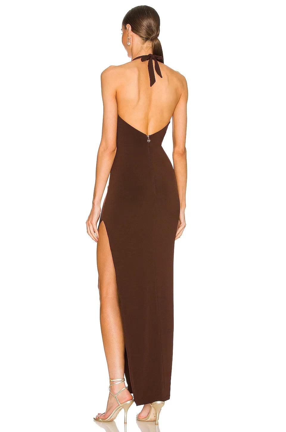 Bold Sheath Halter Neck Sleeveless Hardware Accent High Slit Floor Length Evening Dress