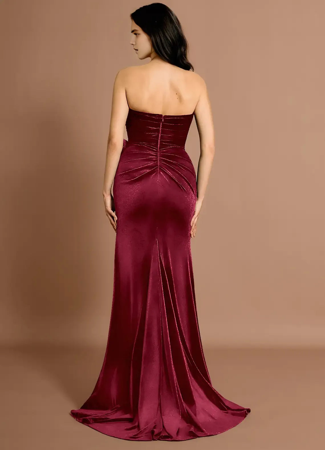 Bow Accent Convertible Strap Velvet Mermaid Ruched Bodice Open Back Train High Slit Floor Length Prom Dress