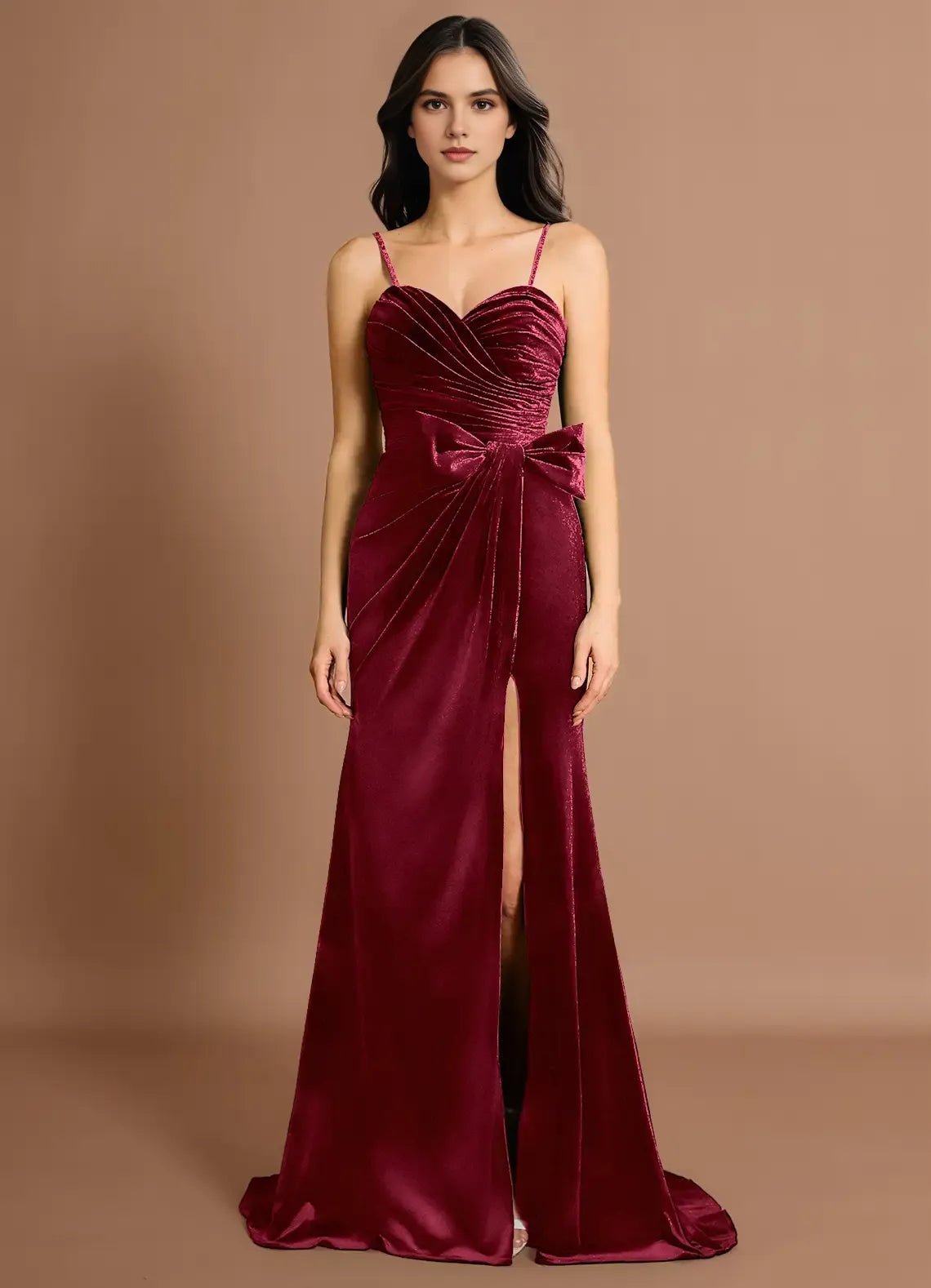 Bow Accent Convertible Strap Velvet Mermaid Ruched Bodice Open Back Train High Slit Floor Length Prom Dress