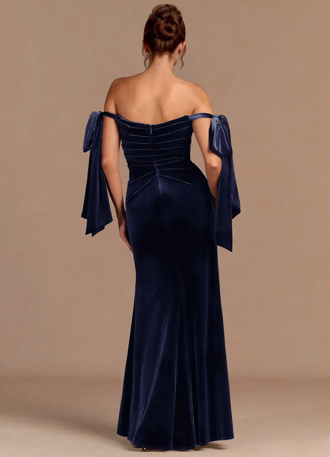 Bow Accent Off the Shoulder Velvet Mermaid Ruched Bodice High Slit Floor Length For Sale Prom Dress
