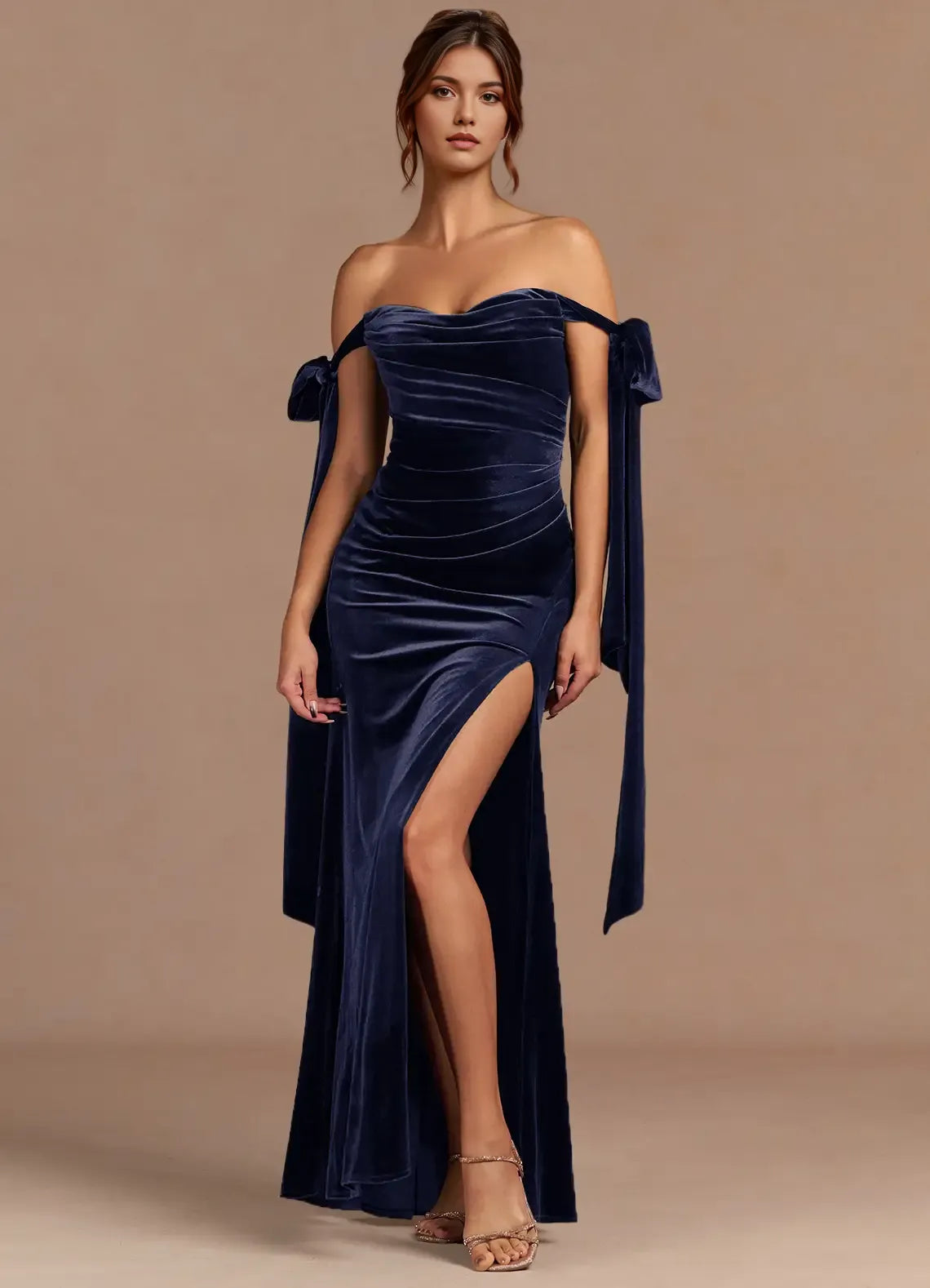 Bow Accent Off the Shoulder Velvet Mermaid Ruched Bodice High Slit Floor Length For Sale Prom Dress