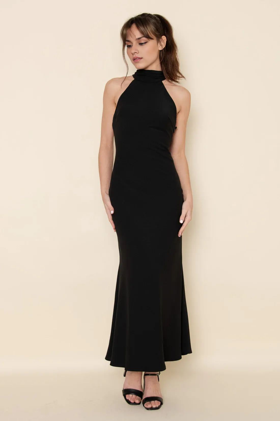 Bow Accented Mermaid Halter Neck Sleeveless Open Back Midi Length Female Prom Dress