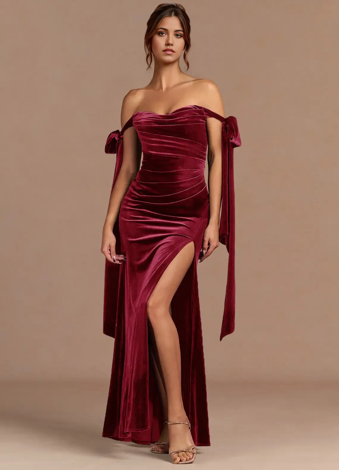 Bow Accented Off The Shoulder Mermaid Velvet Ruched Zipper Back Floor Length For Sale Prom Dress ﻿