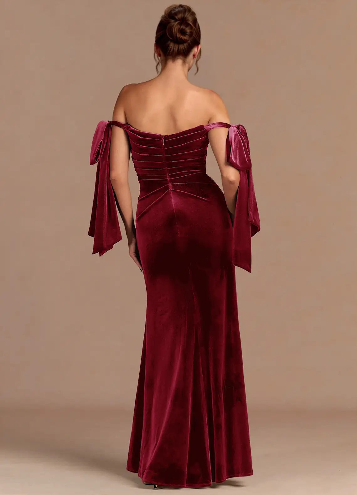 Bow Accented Off The Shoulder Mermaid Velvet Ruched Zipper Back Floor Length For Sale Prom Dress ﻿