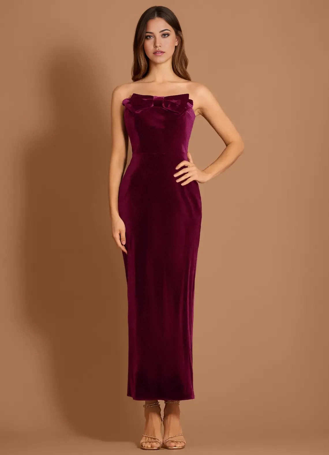 Bow Front Velvet Sheath Strapless Zipper Back Midi Length Female Prom Dress