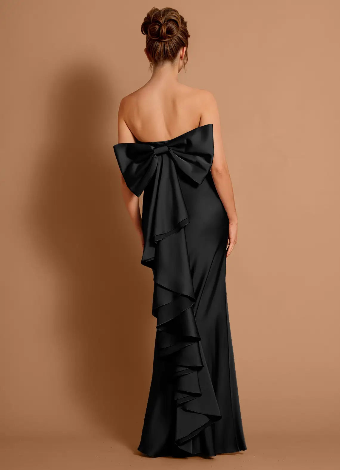 Bow Ruffled Mermaid Strapless Sleeveless Open Back Floor Length Female Prom Dress