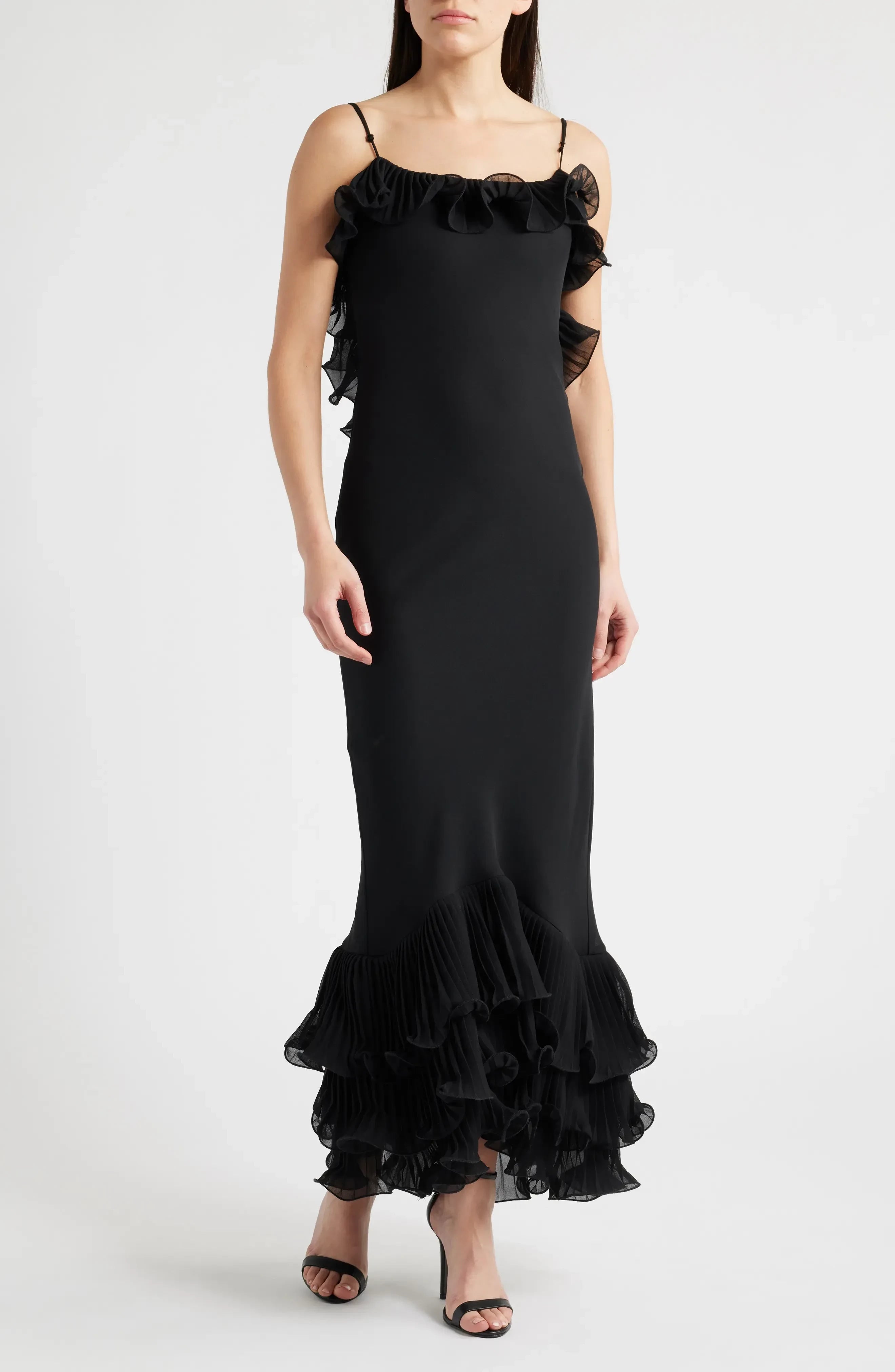 Breathtaking Mermaid Ruffled Neck Sleeveless Open Back Floor Length Evening Dress
