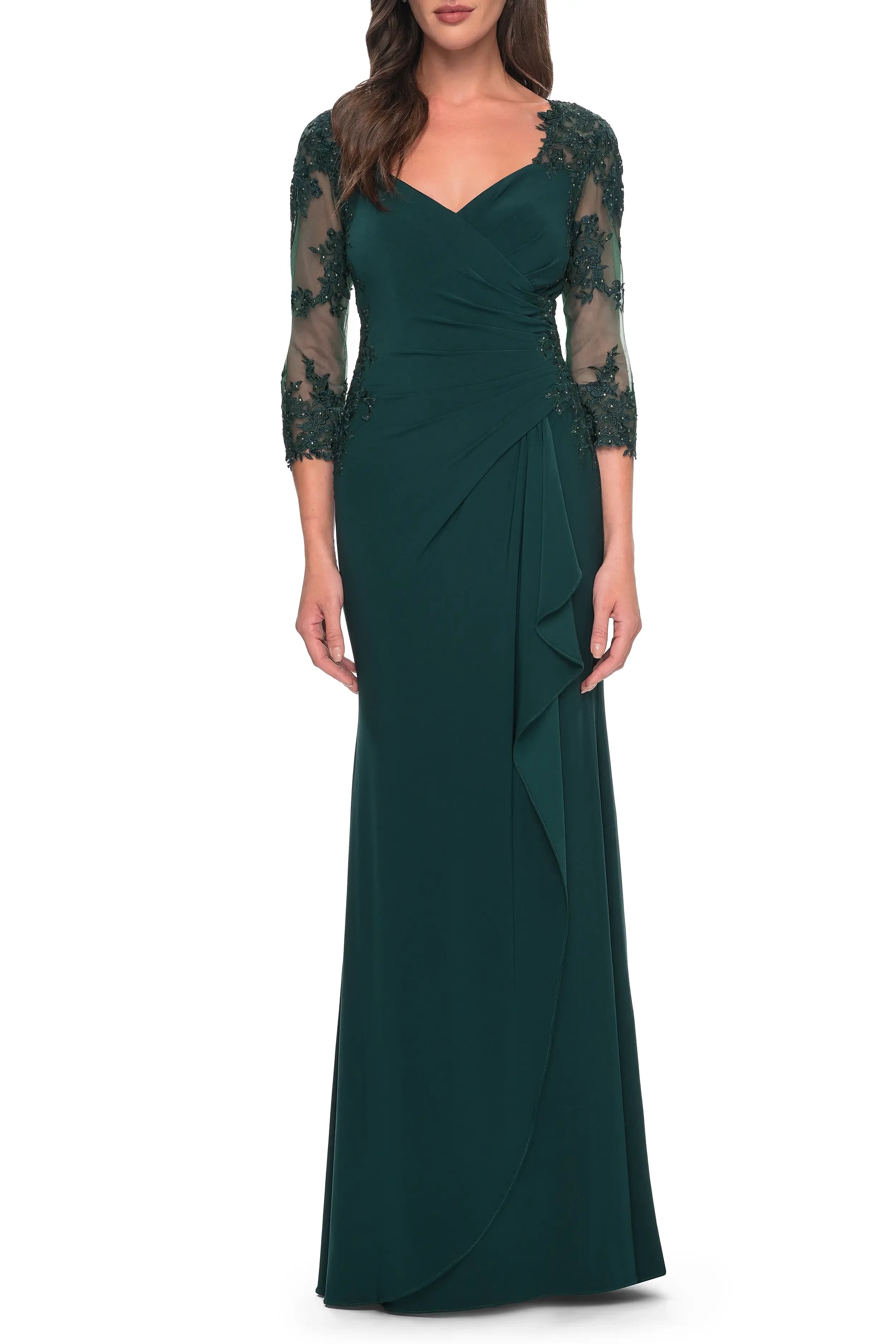 Breathtaking Mermaid V Neck Three Quarter Sleeve Lace Back Floor Length Evening Dress