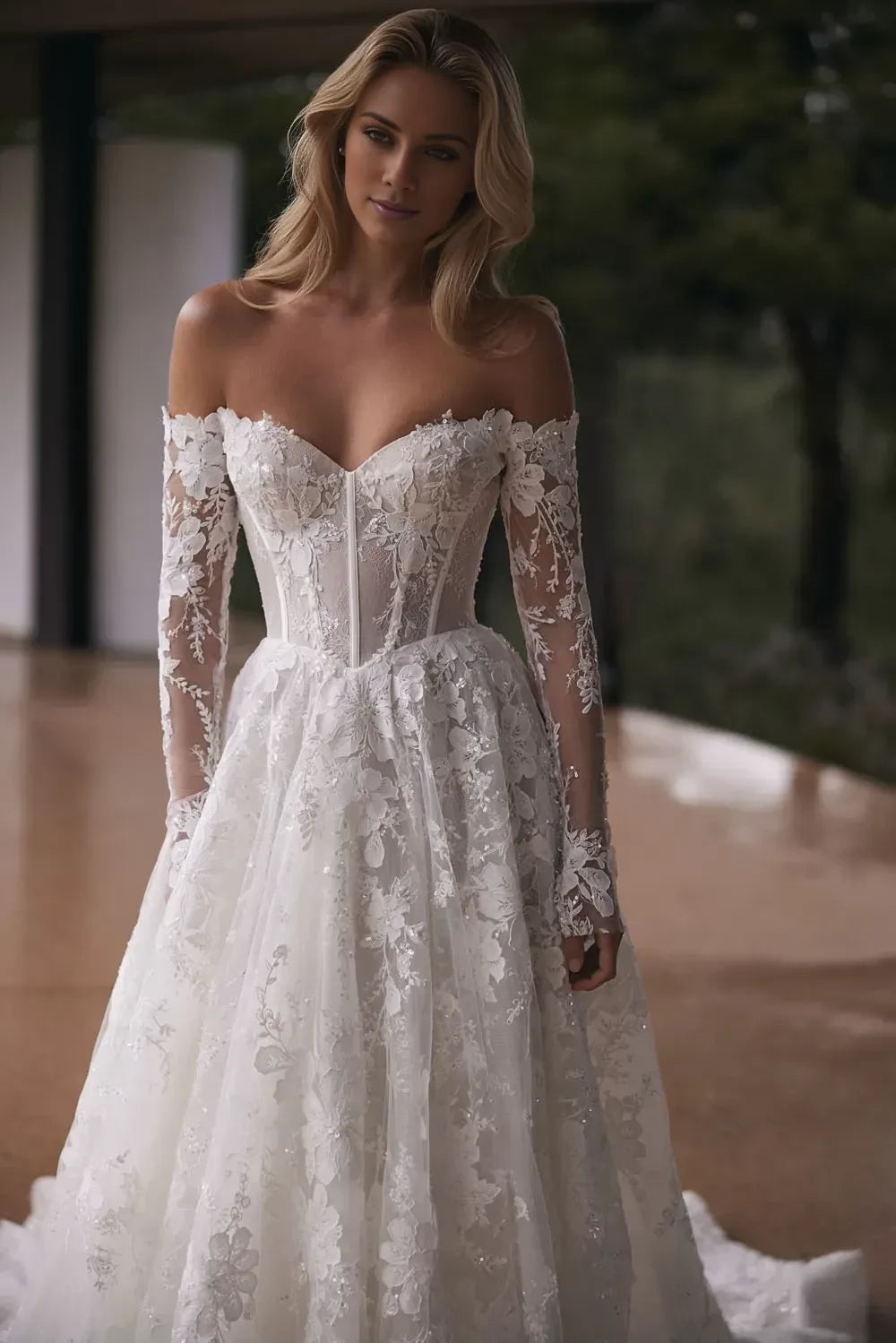 Breathtaking Off Shoulder Ball Gown Lace Long Sleeve Lace Up Back Train Length Wedding Dress