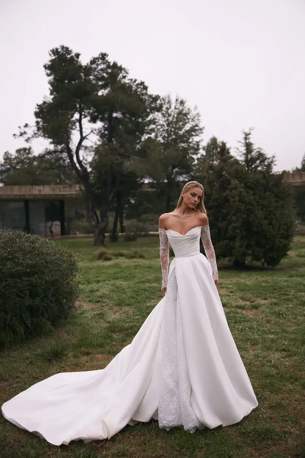 Breathtaking Off Shoulder Lace Long Sleeve Lace Up Back Train Length Wedding Dress
