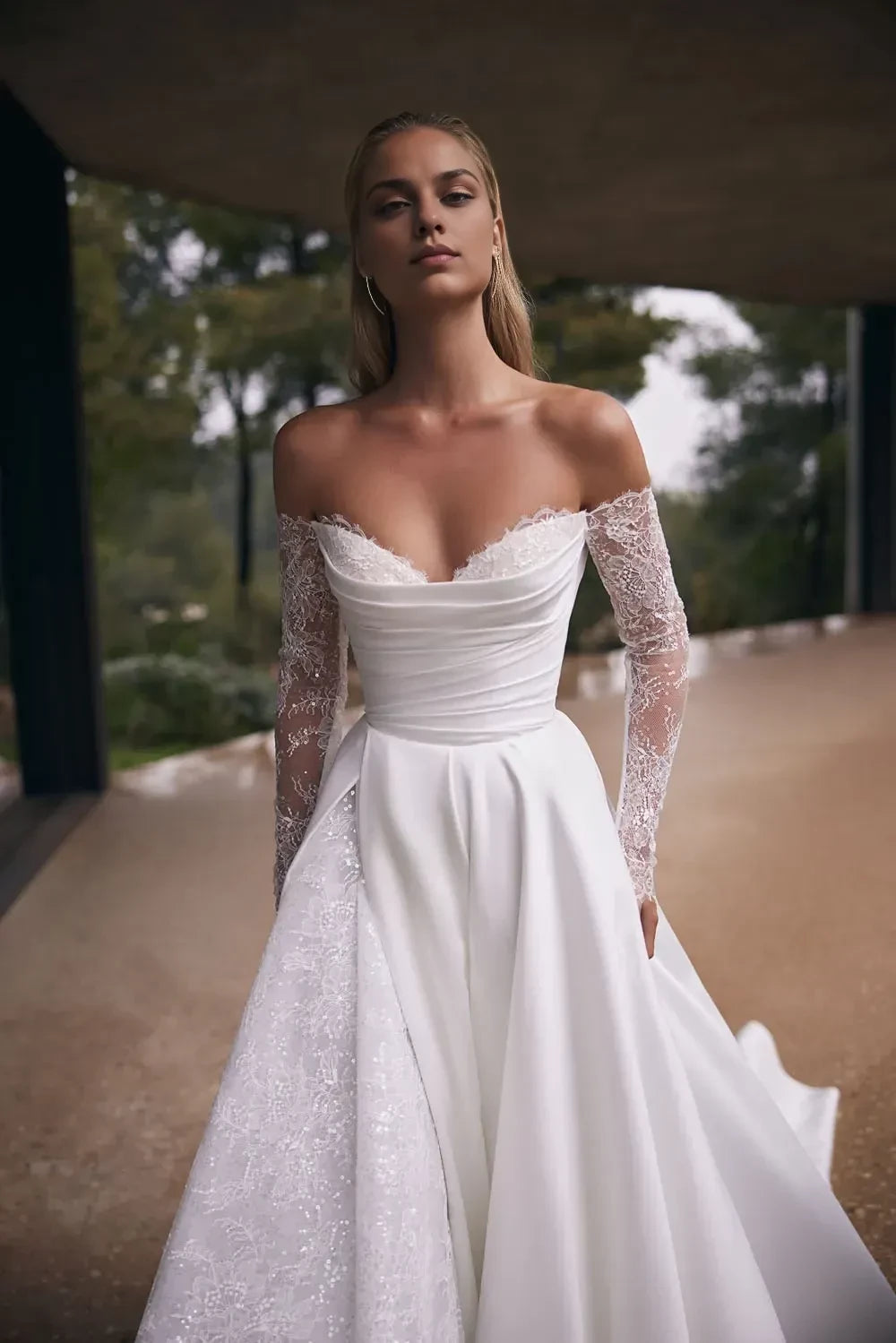 Breathtaking Off Shoulder Lace Long Sleeve Lace Up Back Train Length Wedding Dress