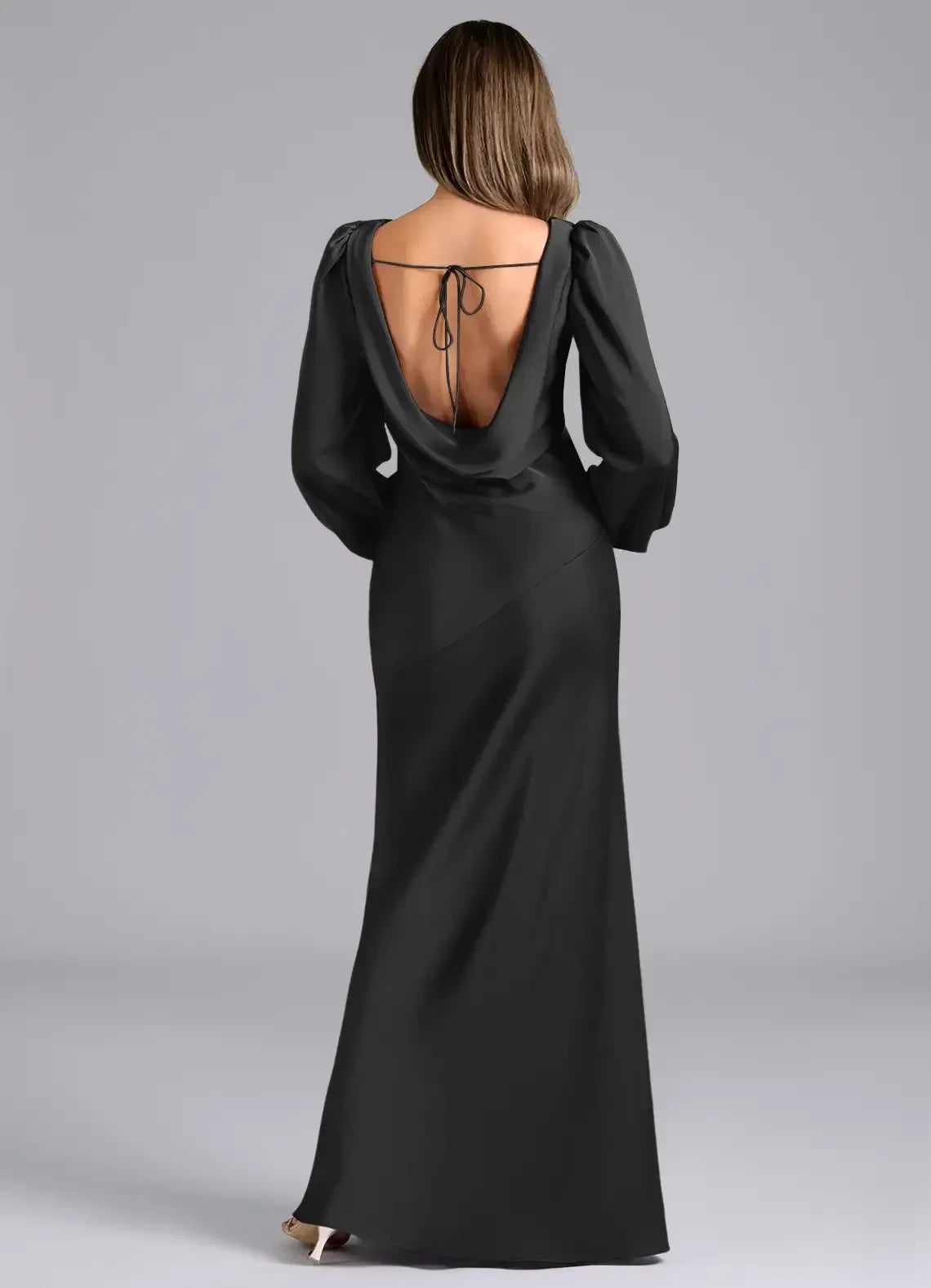 Breathtaking Sheath Cowl Neck Puff Long Sleeve Open Back Floor Length Bridesmaid Dress