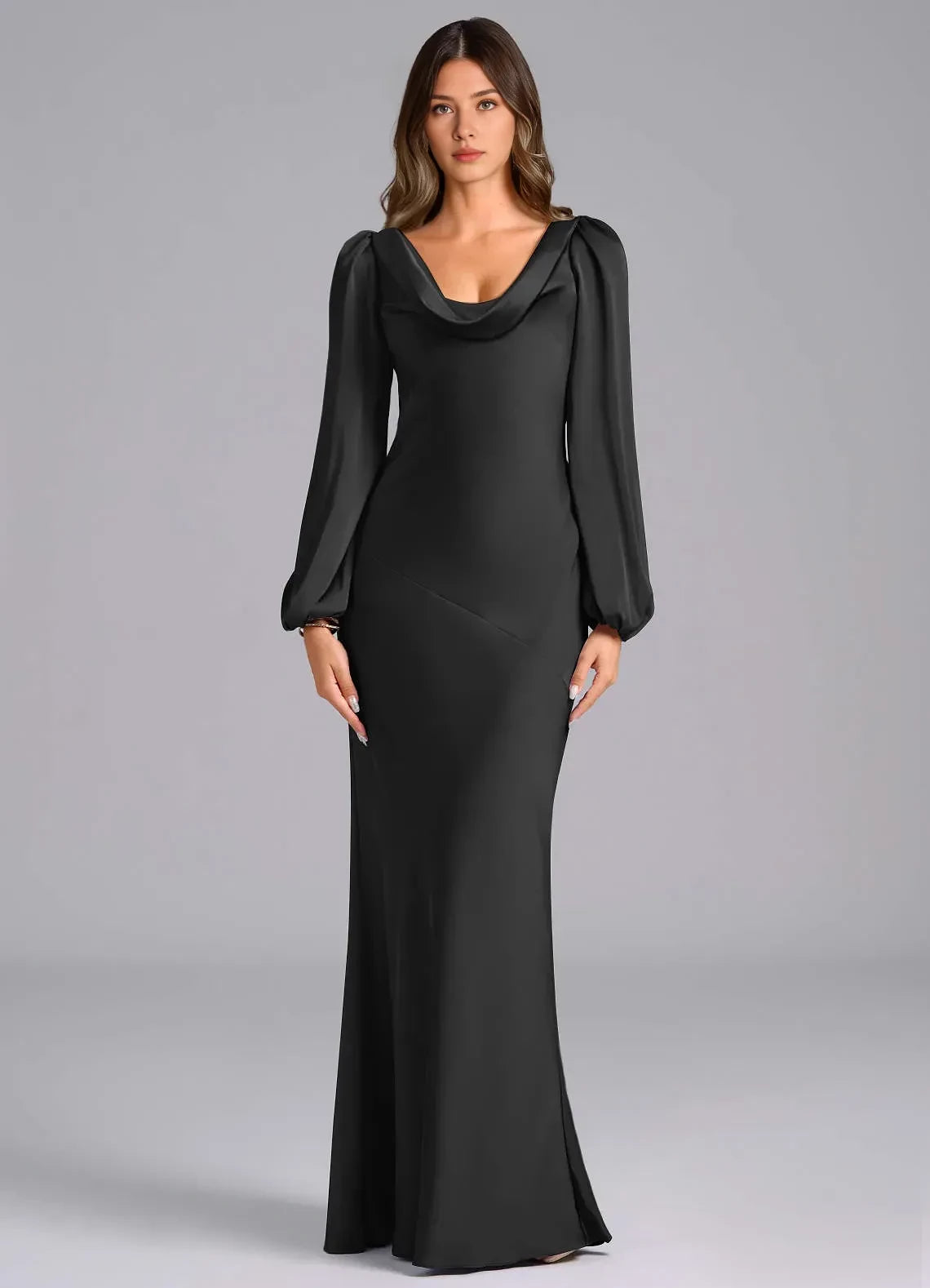 Breathtaking Sheath Cowl Neck Puff Long Sleeve Open Back Floor Length Bridesmaid Dress