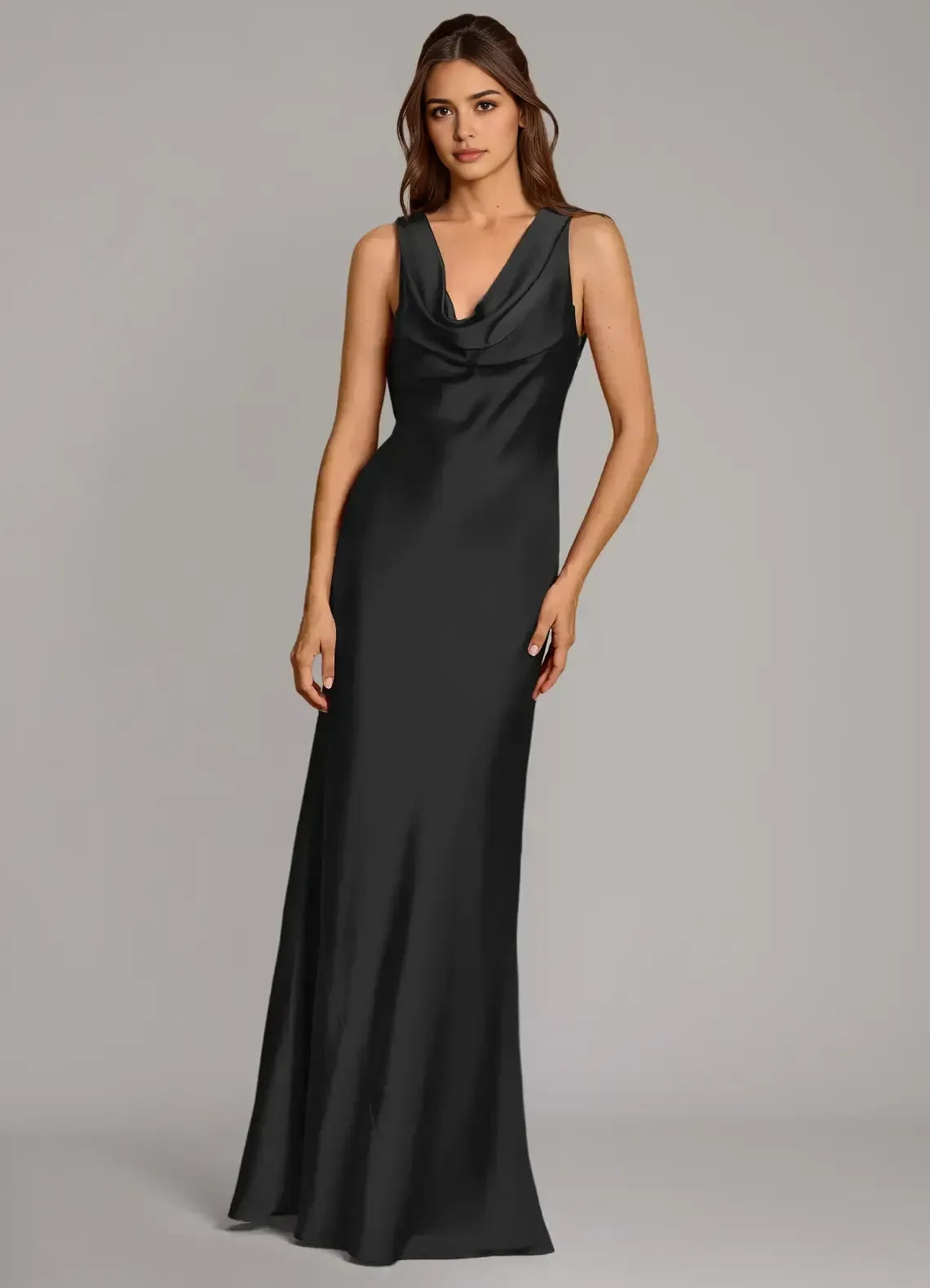 Breathtaking Sheath Cowl Neck Sleeveless Criss Cross Back Floor Length Bridesmaid Dress