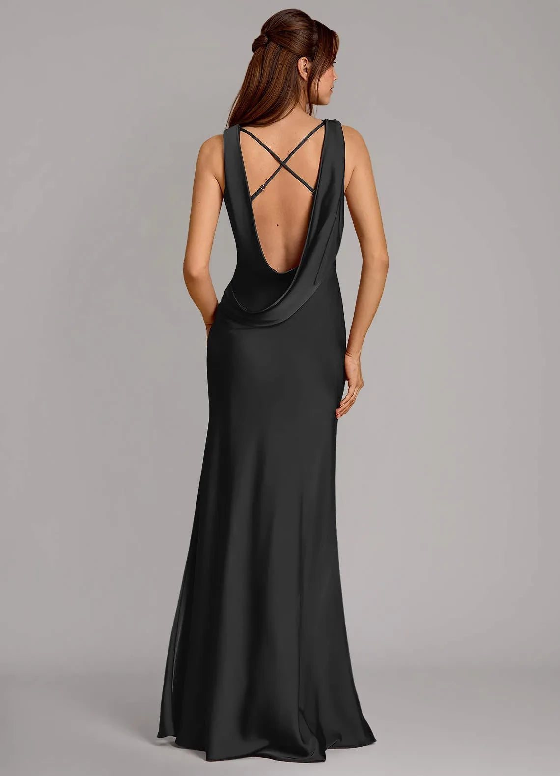 Breathtaking Sheath Cowl Neck Sleeveless Criss Cross Back Floor Length Bridesmaid Dress