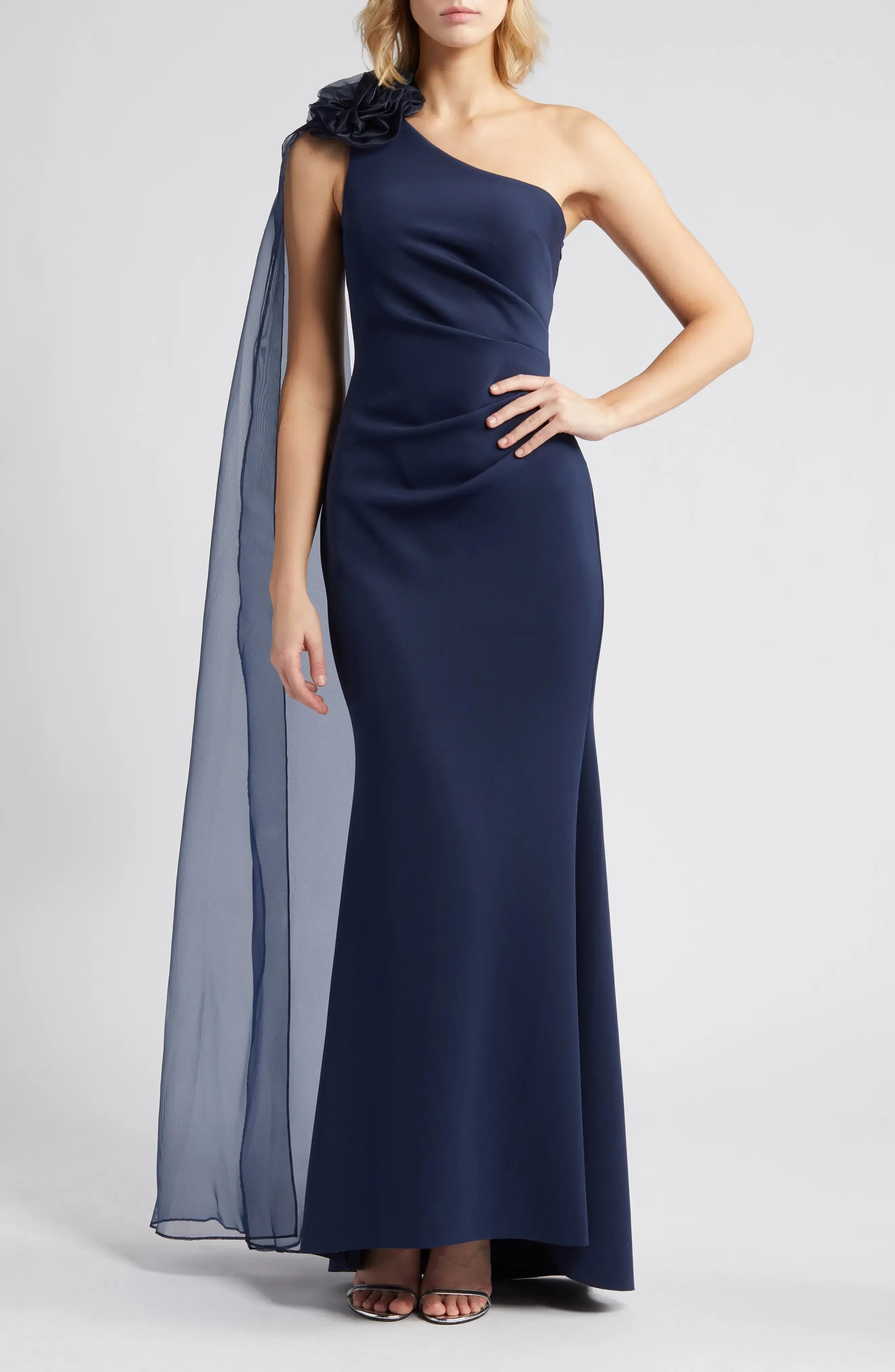 Breathtaking Sheath One Shoulder Flower Accent Cape Sleeve Open Back Floor Length Evening Dress