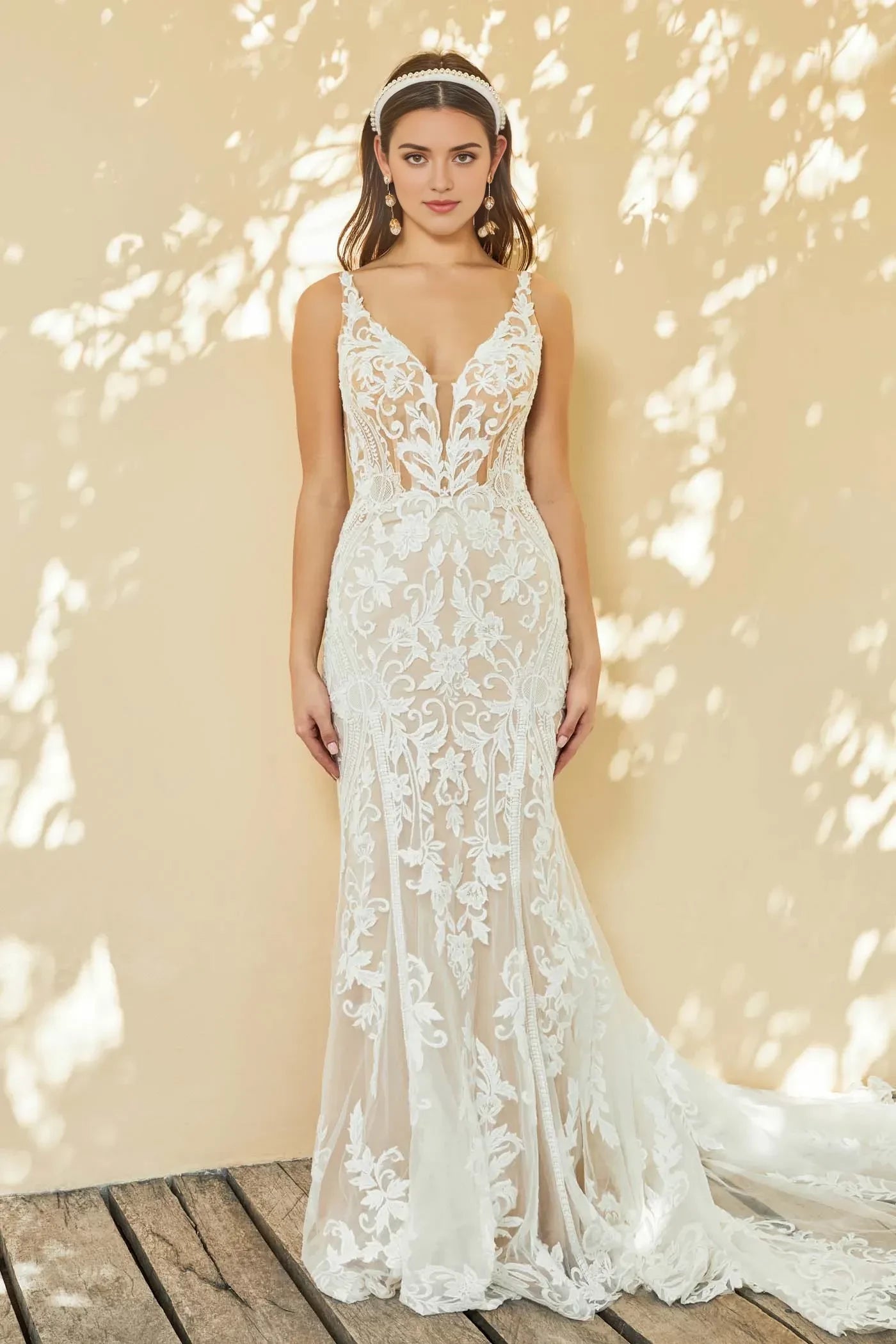 Breathtaking Trumpet Plunging V Neck Sleeveless Open Back Floor Length Wedding Dress