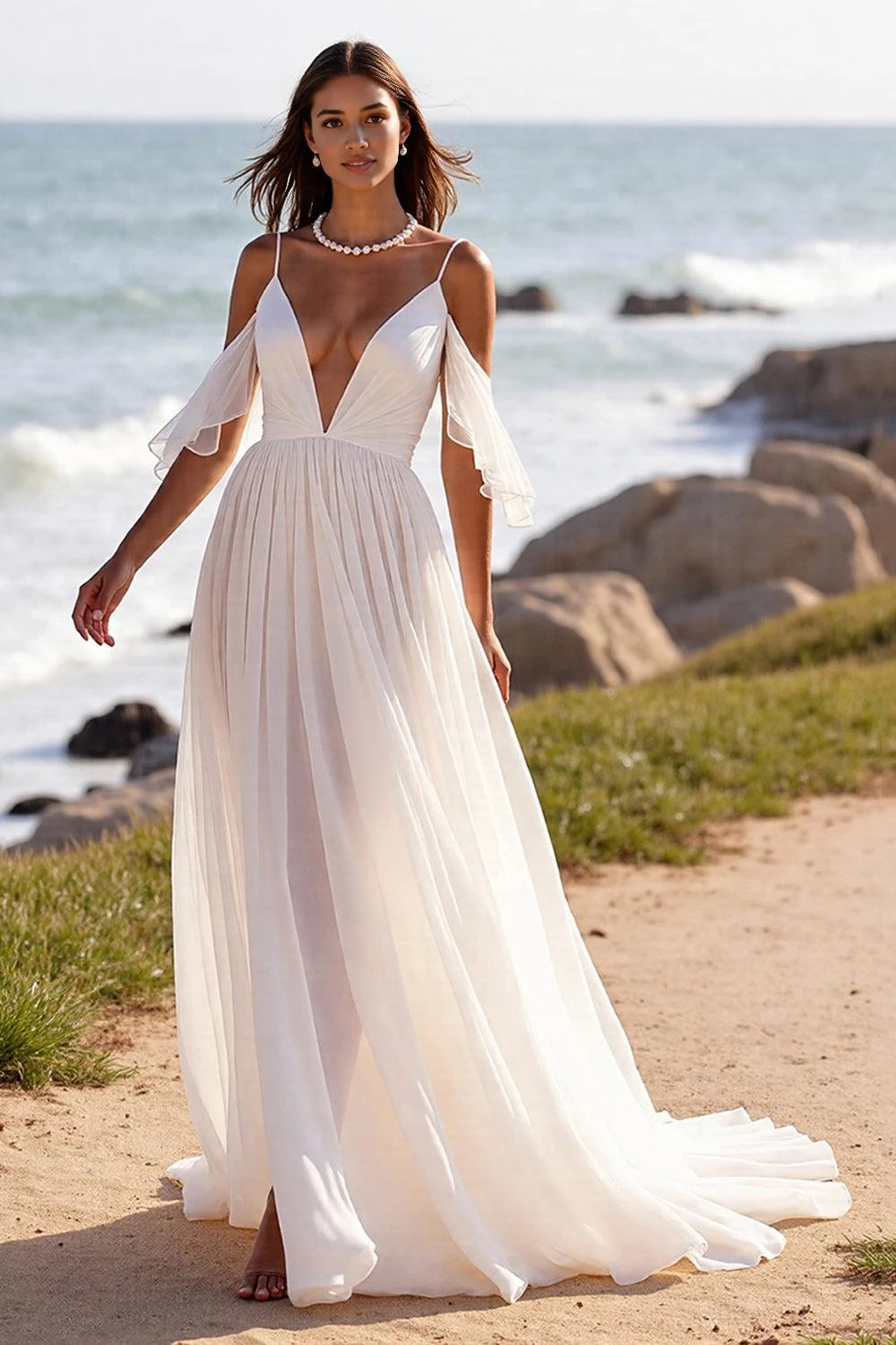 Breezy A Line Deep V Neck Cold Shoulder Ruffled Sleeve Open Back Floor Length Wedding Dress