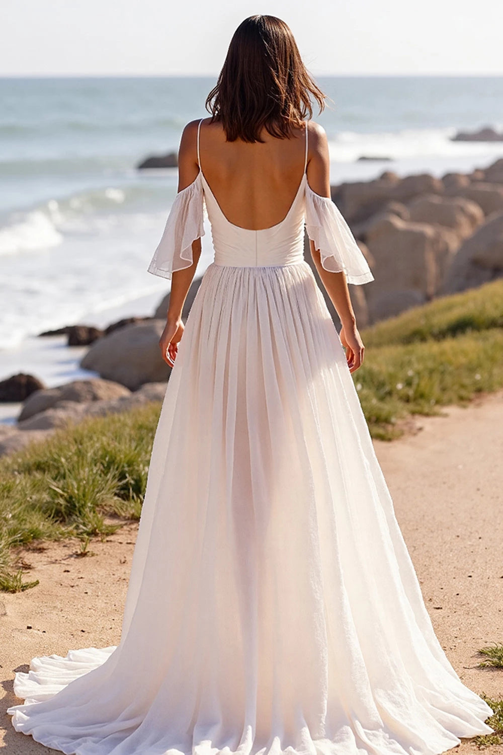 Breezy A Line Deep V Neck Cold Shoulder Ruffled Sleeve Open Back Floor Length Wedding Dress