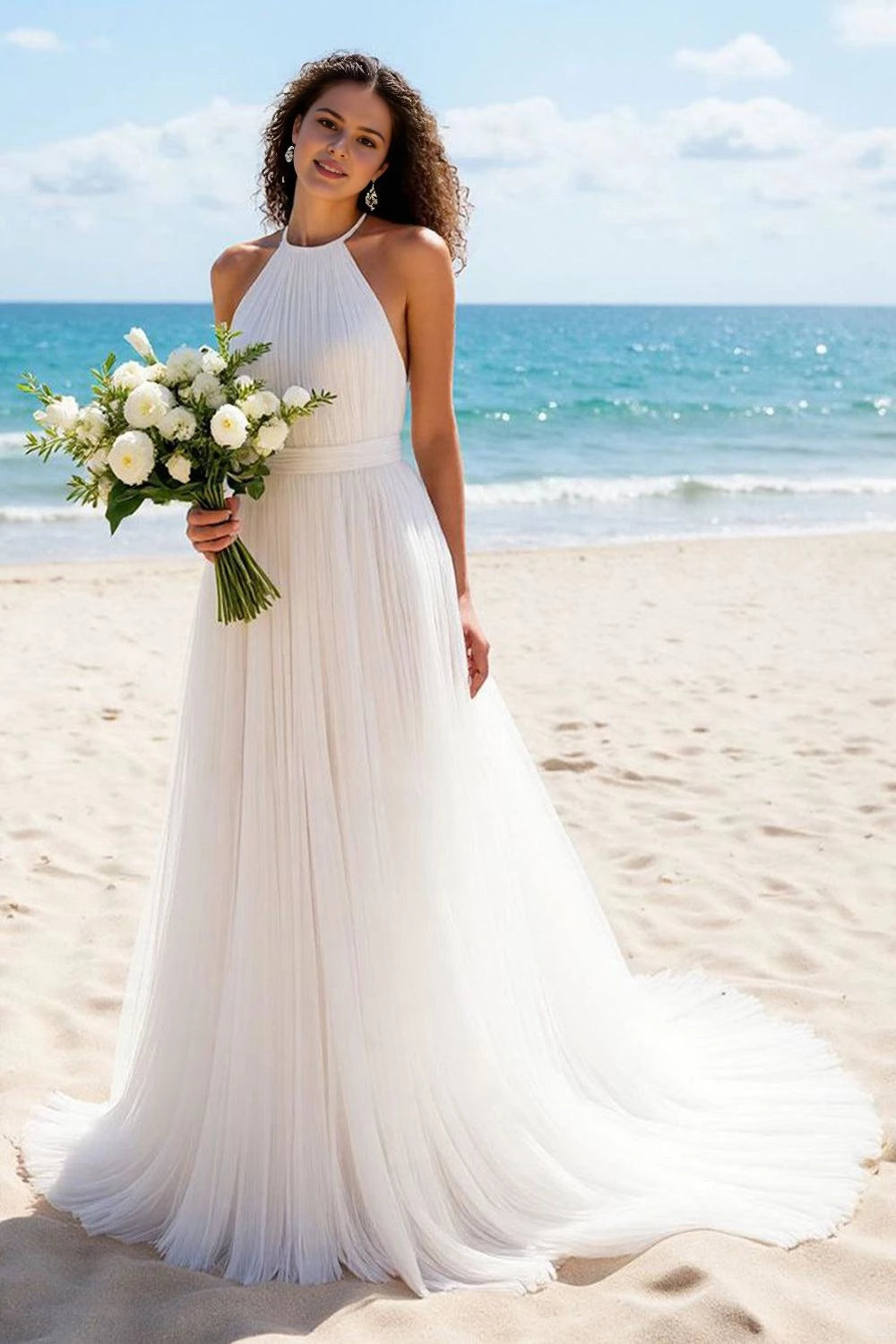 Breezy A Line Halter Neck Sleeveless Open Back Floor Length Wedding Dress