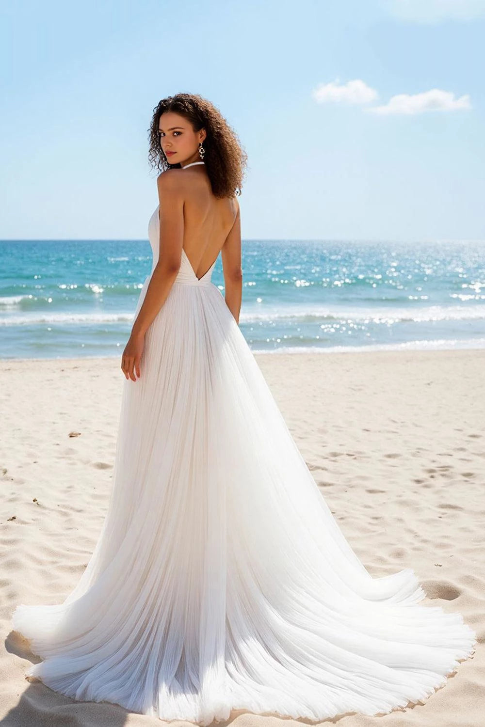 Breezy A Line Halter Neck Sleeveless Open Back Floor Length Wedding Dress