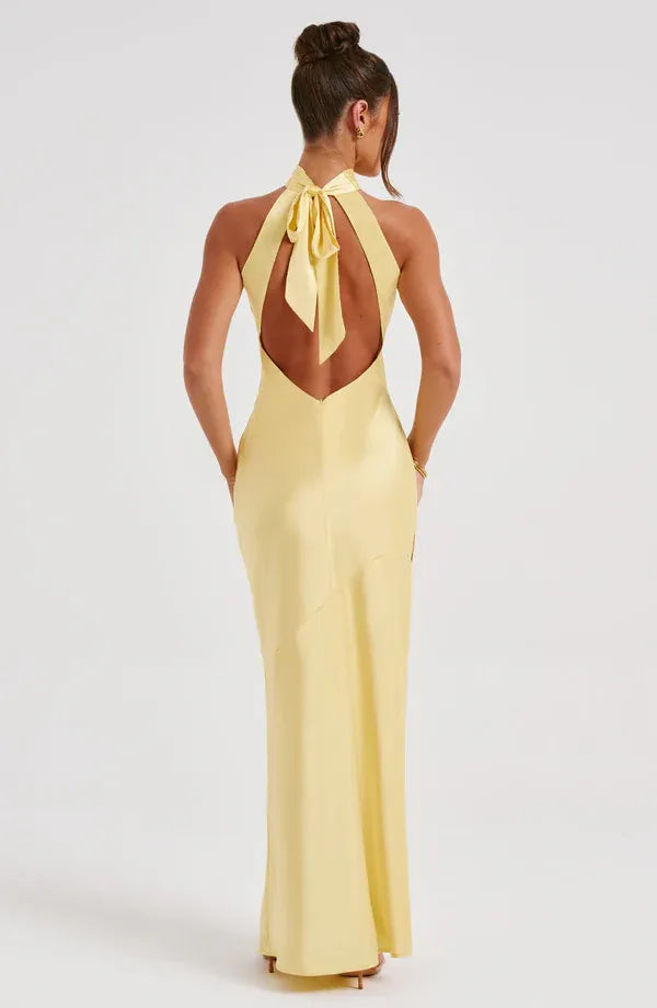 Bright Sheath Halter Neck Sleeveless Bow Back Floor Length For Ladies Evening Dress