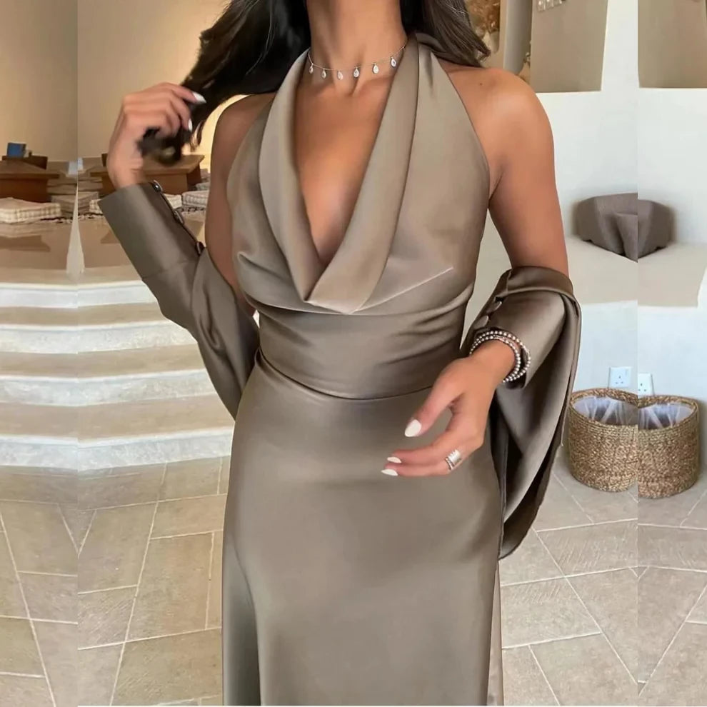 Brown Halter Backless Satin Mermaid Prom Dress Party Dress Cocktail Dress Homecoming Dress Evening Dress