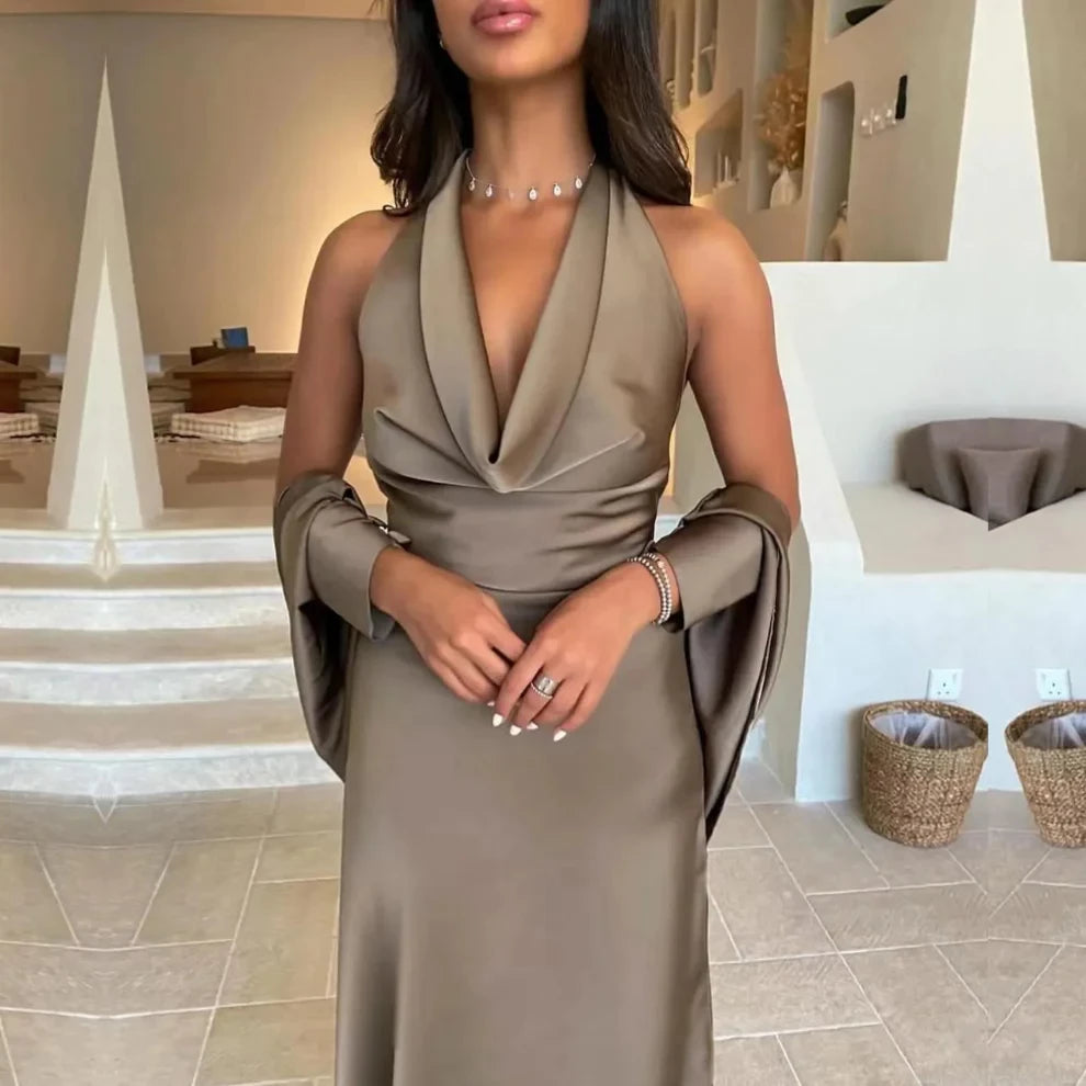 Brown Halter Backless Satin Mermaid Prom Dress Party Dress Cocktail Dress Homecoming Dress Evening Dress
