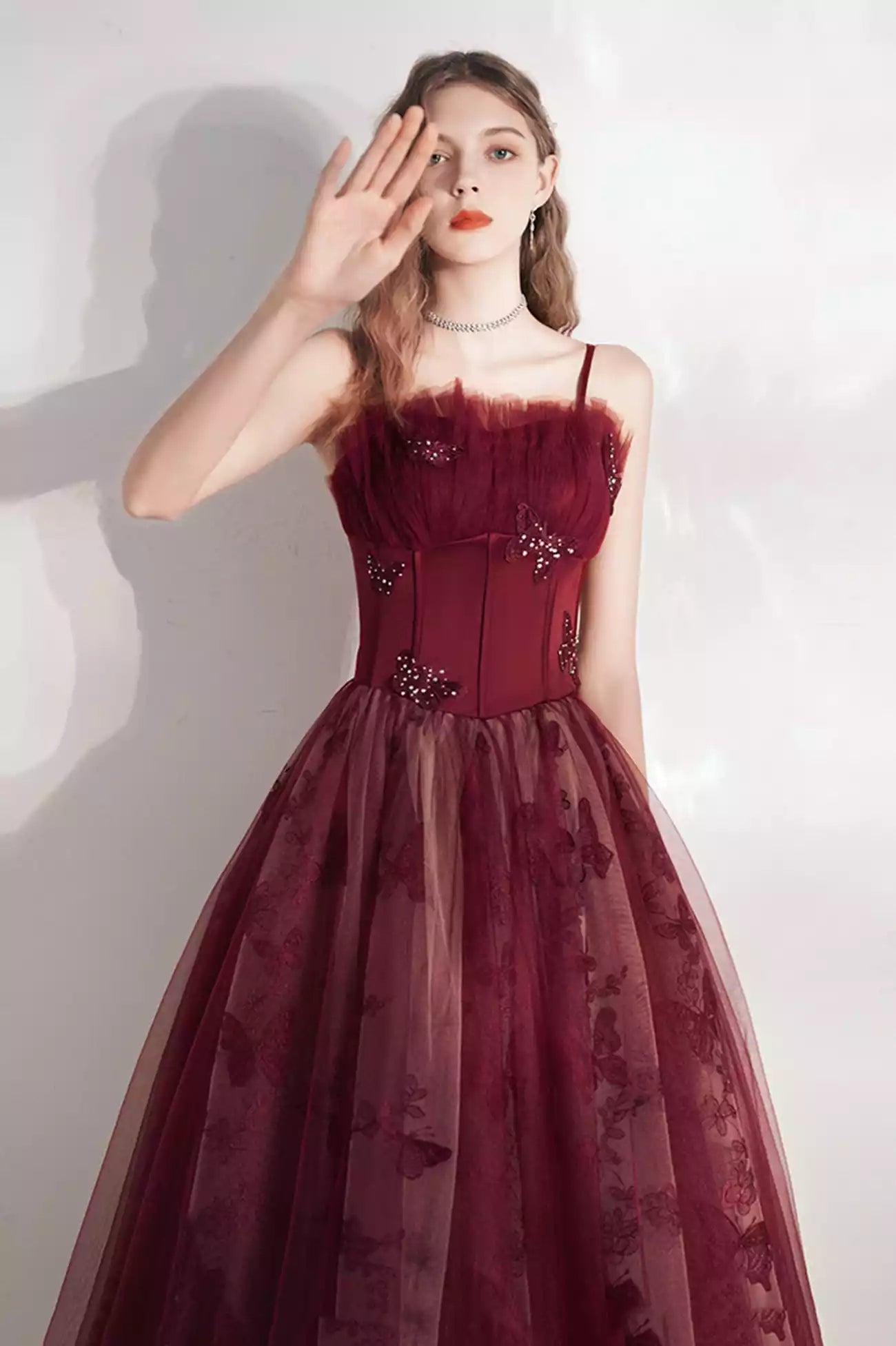 Burgundy A-Line Tulle  Floor Length Long Prom Dress Burgundy Evening Party Dress