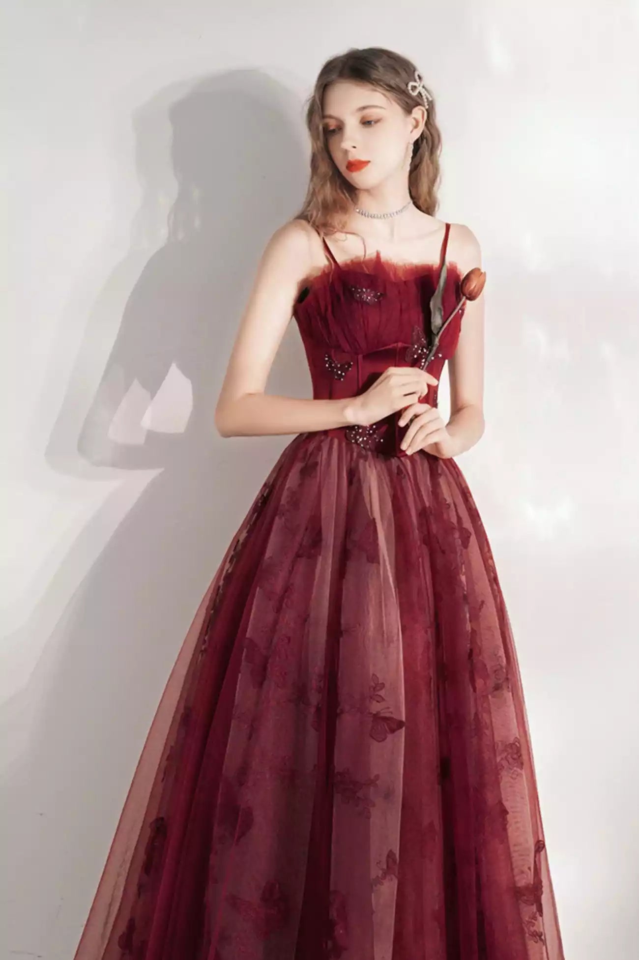 Burgundy A-Line Tulle  Floor Length Long Prom Dress Burgundy Evening Party Dress