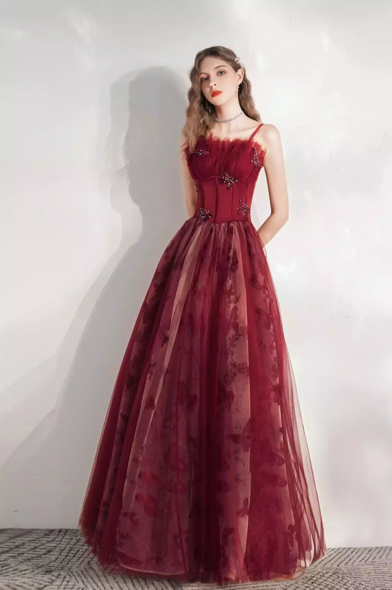 Burgundy A-Line Tulle  Floor Length Long Prom Dress Burgundy Evening Party Dress