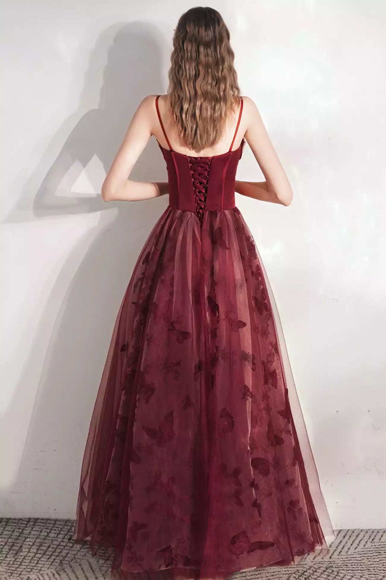 Burgundy A-Line Tulle  Floor Length Long Prom Dress Burgundy Evening Party Dress