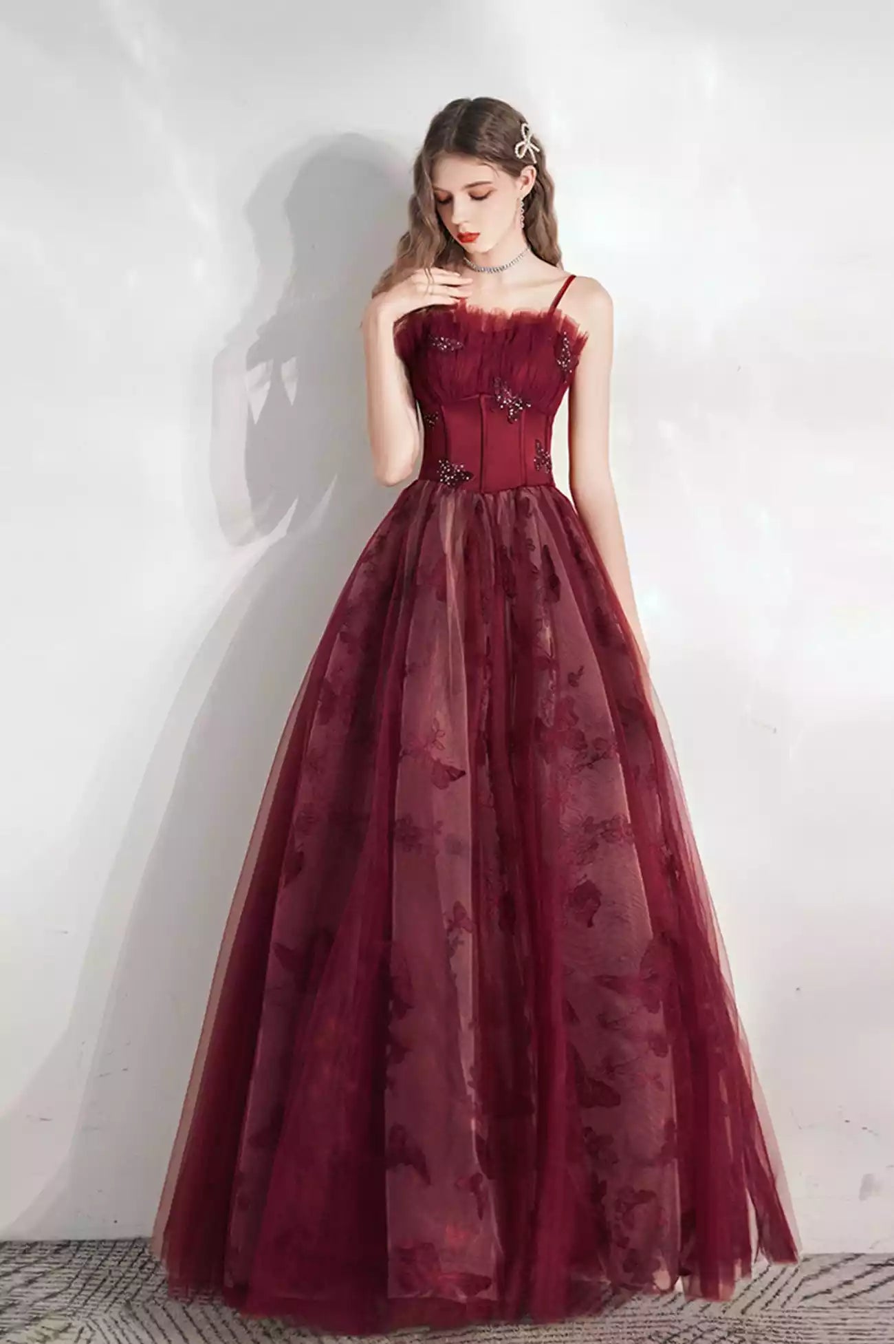Burgundy A-Line Tulle  Floor Length Long Prom Dress Burgundy Evening Party Dress