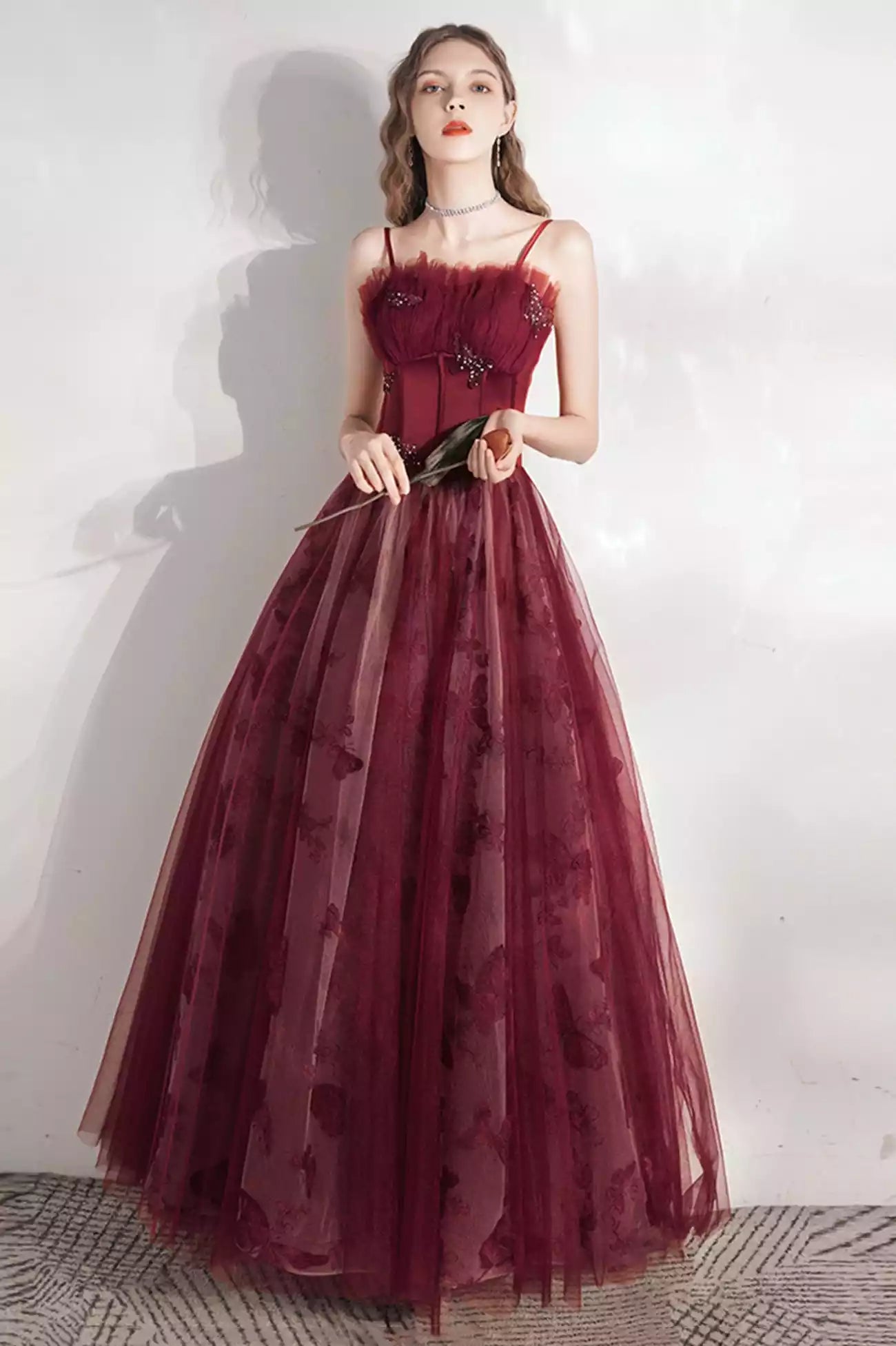 Burgundy A-Line Tulle  Floor Length Long Prom Dress Burgundy Evening Party Dress