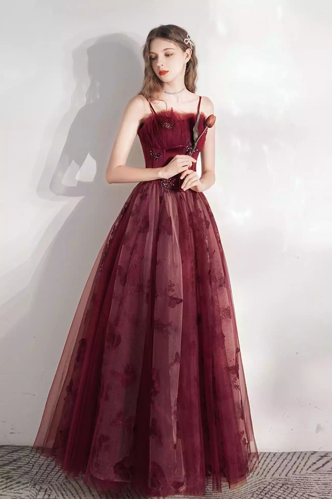 Burgundy A-Line Tulle  Floor Length Long Prom Dress Burgundy Evening Party Dress