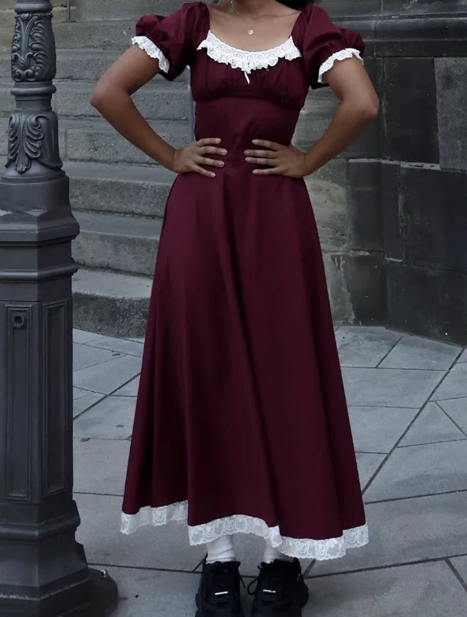 Burgundy A Line Puff White Lace Satin Short Sleeves Ankle length Prom Dress Cocktail Dress Homecoming Dress Evening Dress