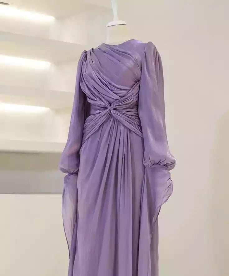 Purple Long Sleeves Evening Dresses A Line Long Prom Gowns
