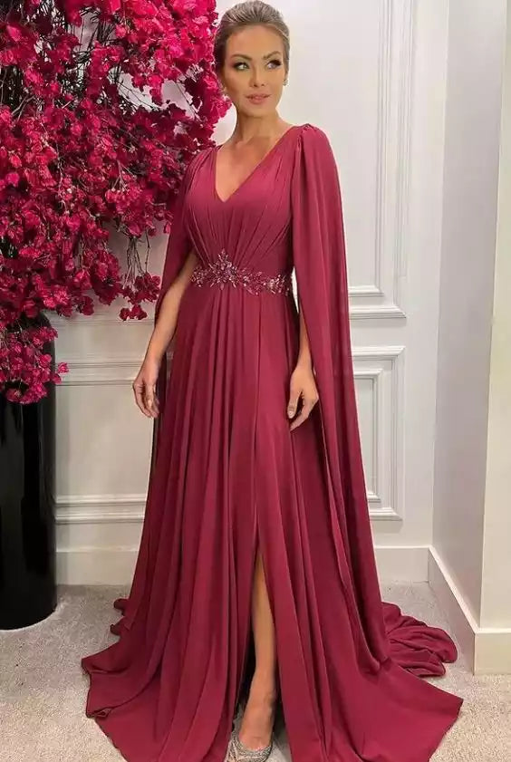 Burgundy Long sleeves Prom Dresses Formal Evening Dresses