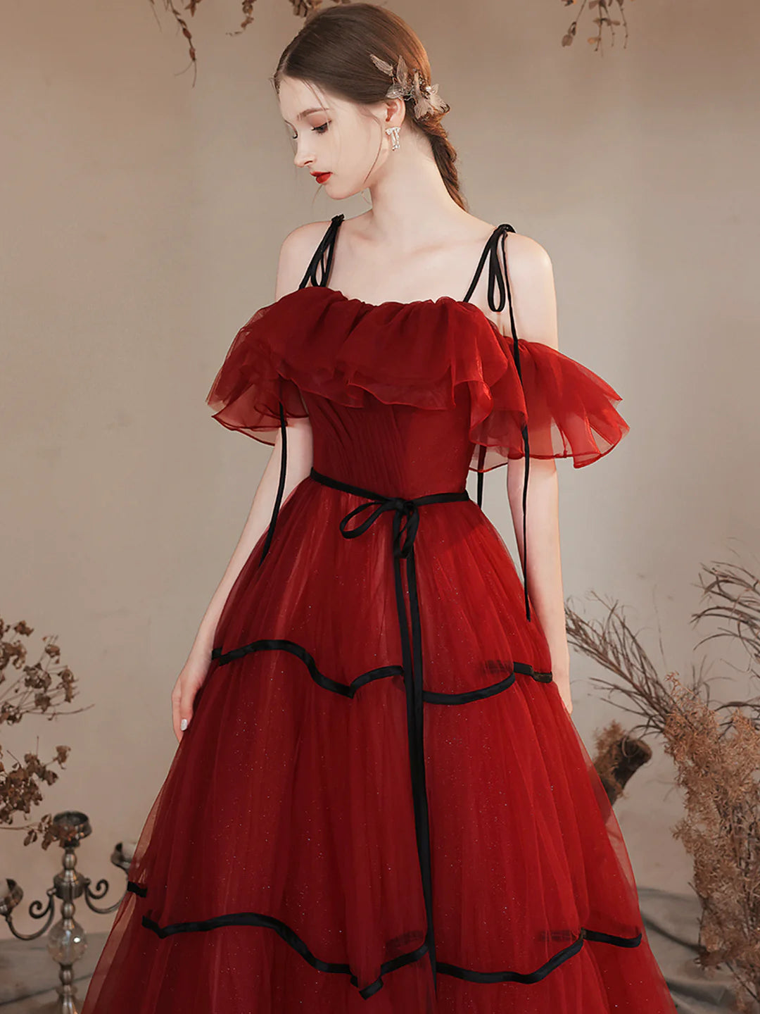 Burgundy Off Shoulder Burgundy Tulle Long Prom Dresses Evening Party Dresses