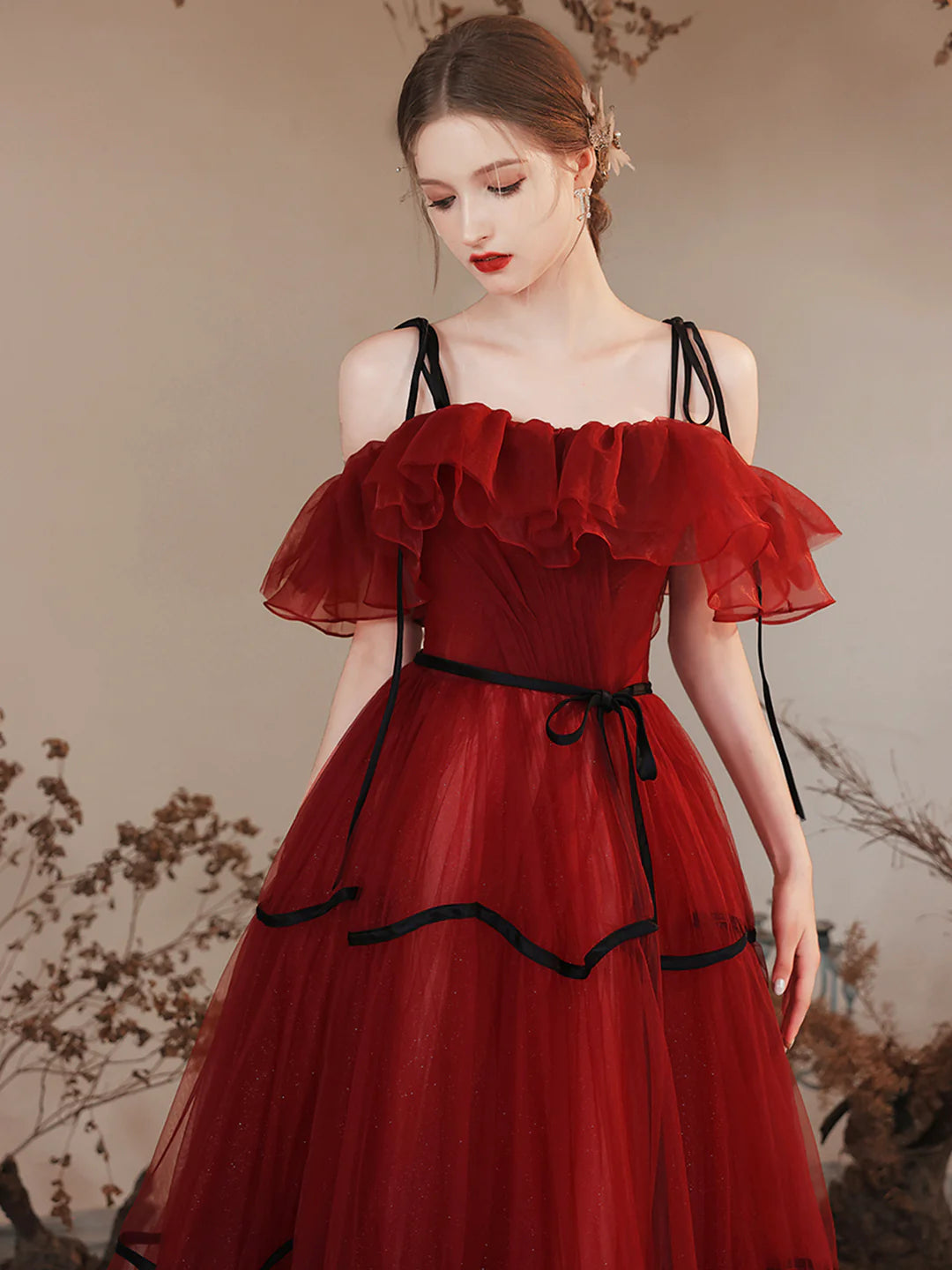 Burgundy Off Shoulder Burgundy Tulle Long Prom Dresses Evening Party Dresses