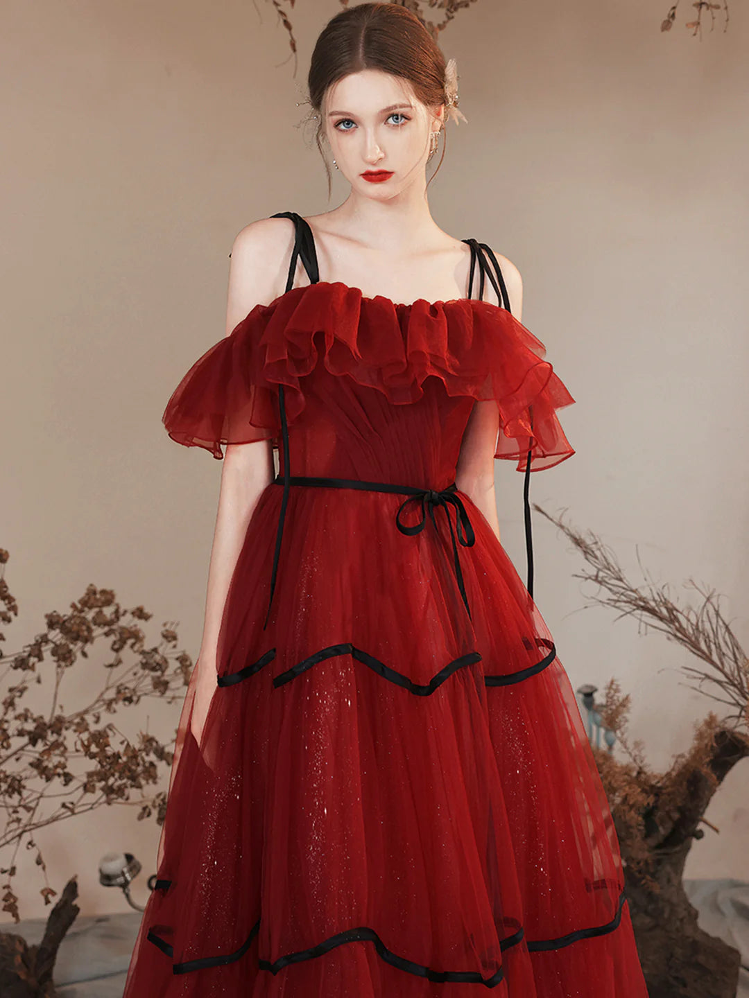 Burgundy Off Shoulder Burgundy Tulle Long Prom Dresses Evening Party Dresses