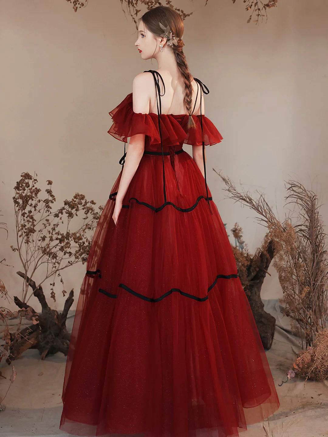 Burgundy Off Shoulder Burgundy Tulle Long Prom Dresses Evening Party Dresses