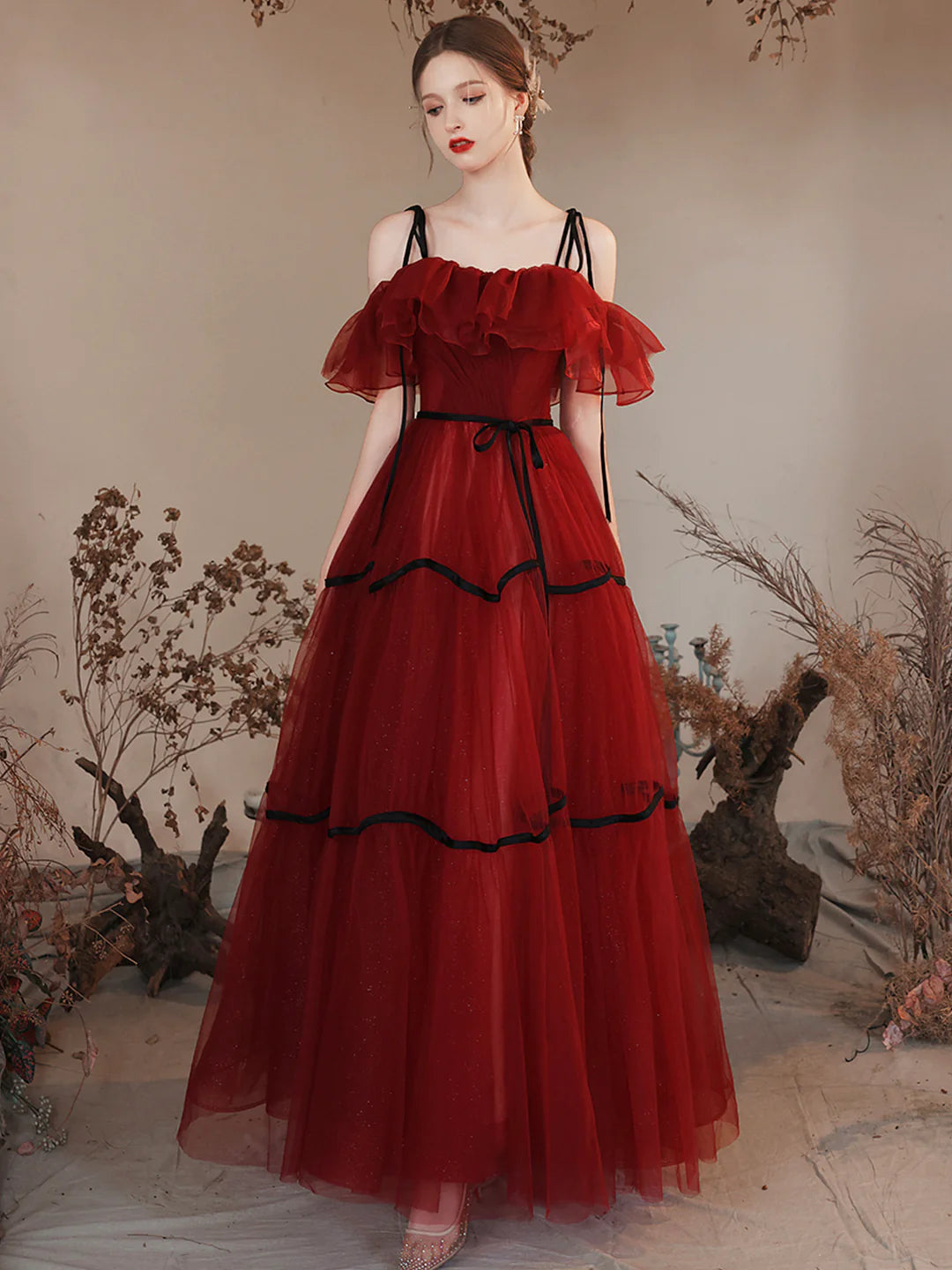 Burgundy Off Shoulder Burgundy Tulle Long Prom Dresses Evening Party Dresses