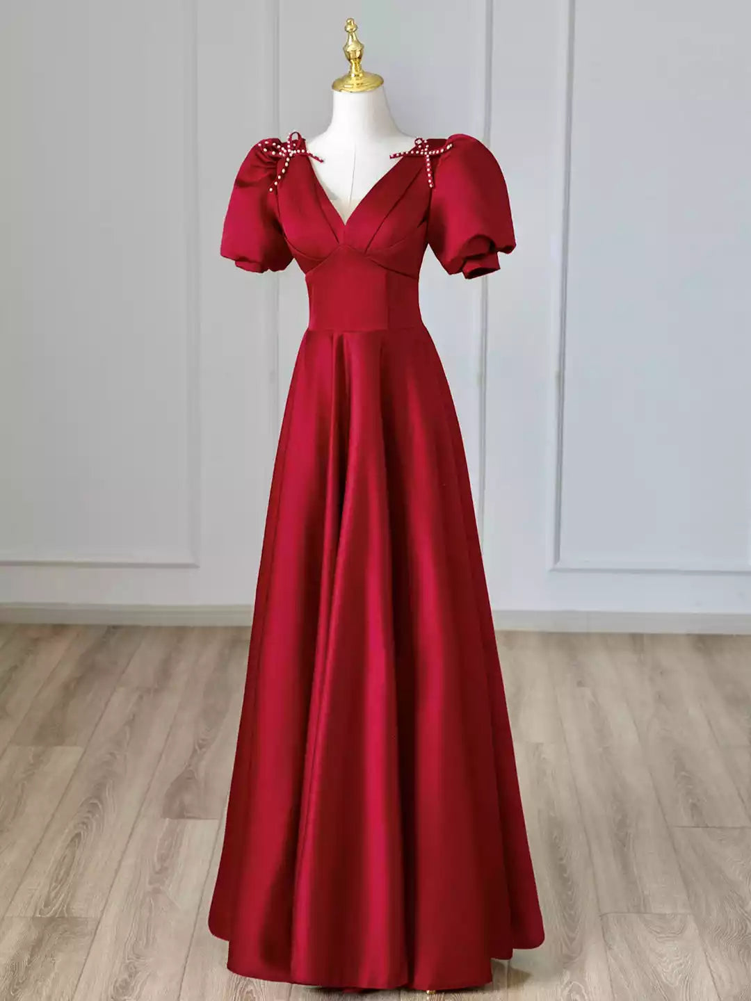 Burgundy V-Neck Satin  Floor Length Long Prom Dress Burgundy Formal Evening Dress
