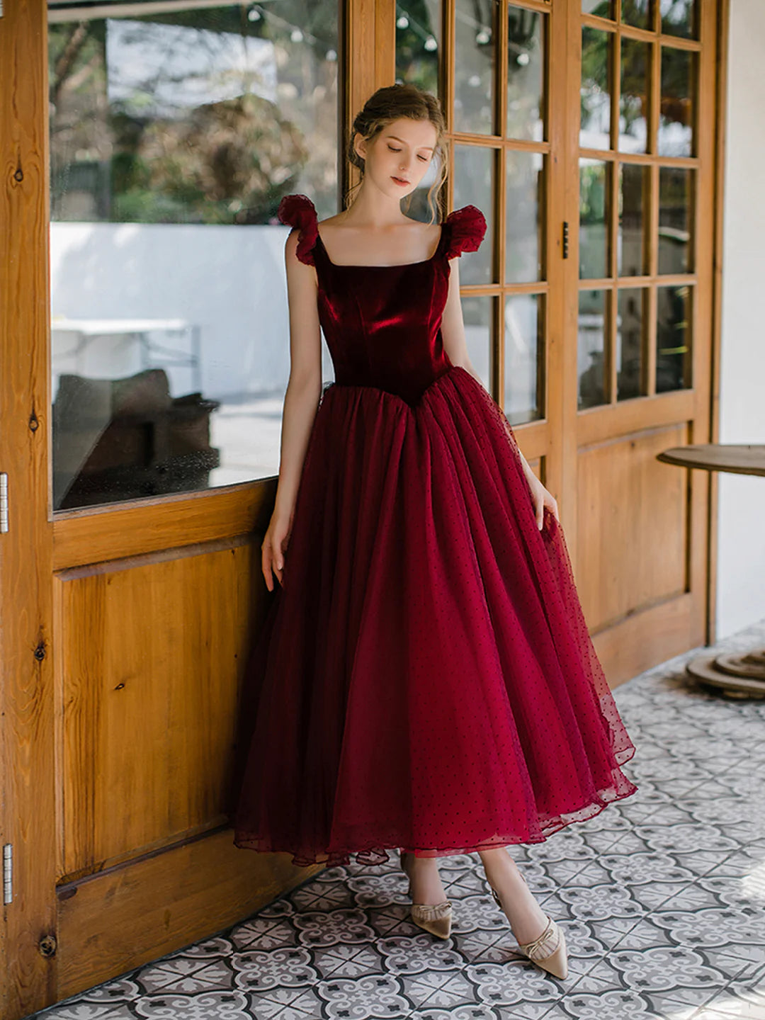 Burgundy Velvet Tulle Tea Length  A-Line Prom Dress Cute Evening Party Dress Homecoming Dresses