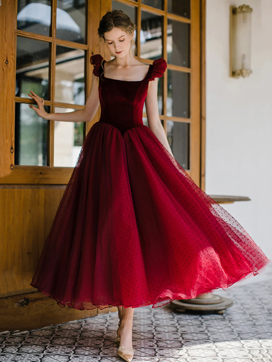 Burgundy Velvet Tulle Tea Length  A-Line Prom Dress Cute Evening Party Dress Homecoming Dresses