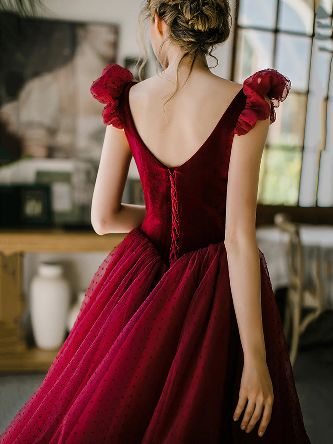 Burgundy Velvet Tulle Tea Length  A-Line Prom Dress Cute Evening Party Dress Homecoming Dresses